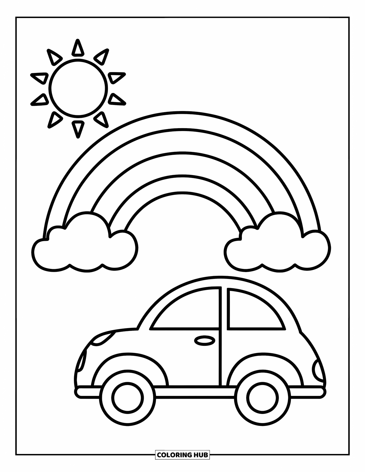 Car Coloring Page for Kids: A little car rests under a rainbow with fluffy clouds and a bright sun above