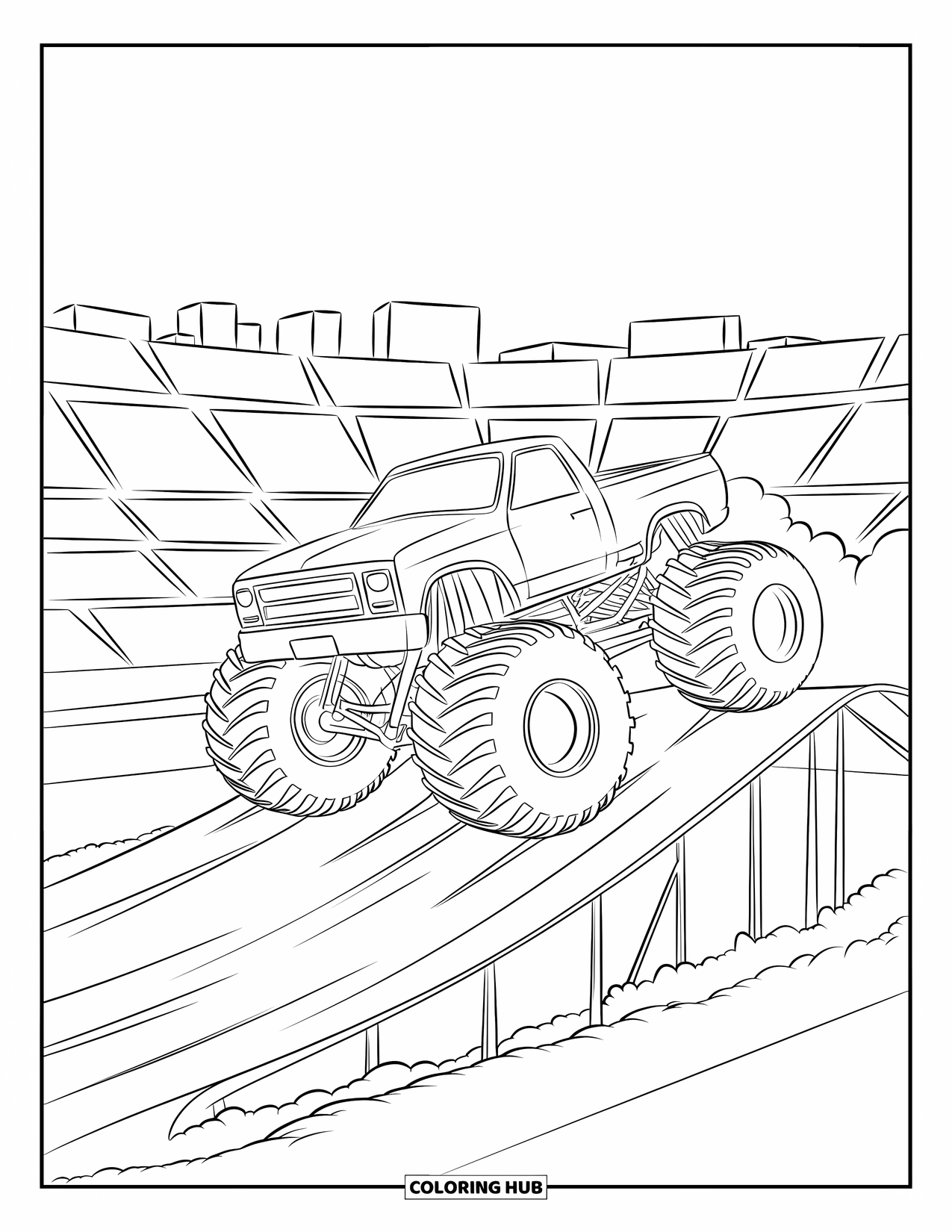 Car Coloring Page for Kids: A massive monster truck jumps a dusty ramp with stadium seats and city buildings behind