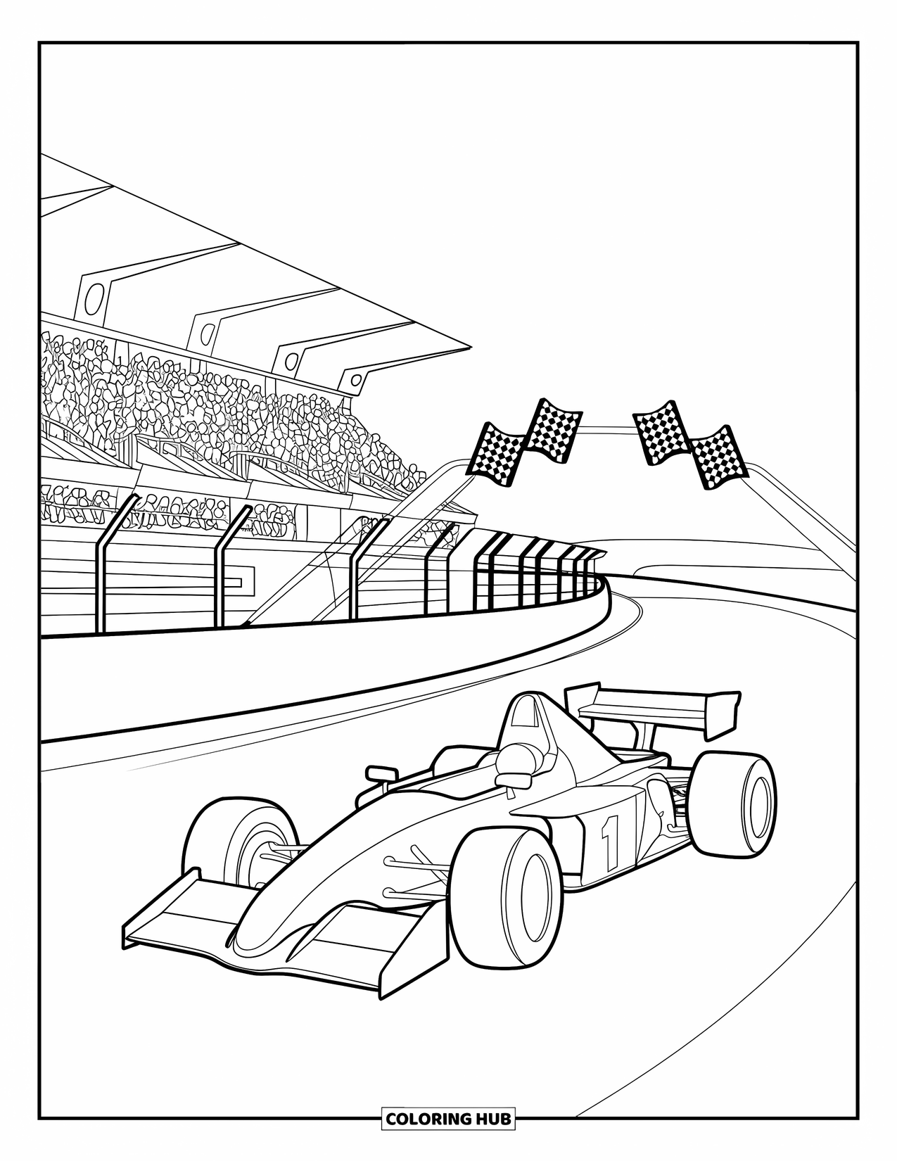 Car Coloring Page for Kids: A number one race car races toward the finish line past waving flags