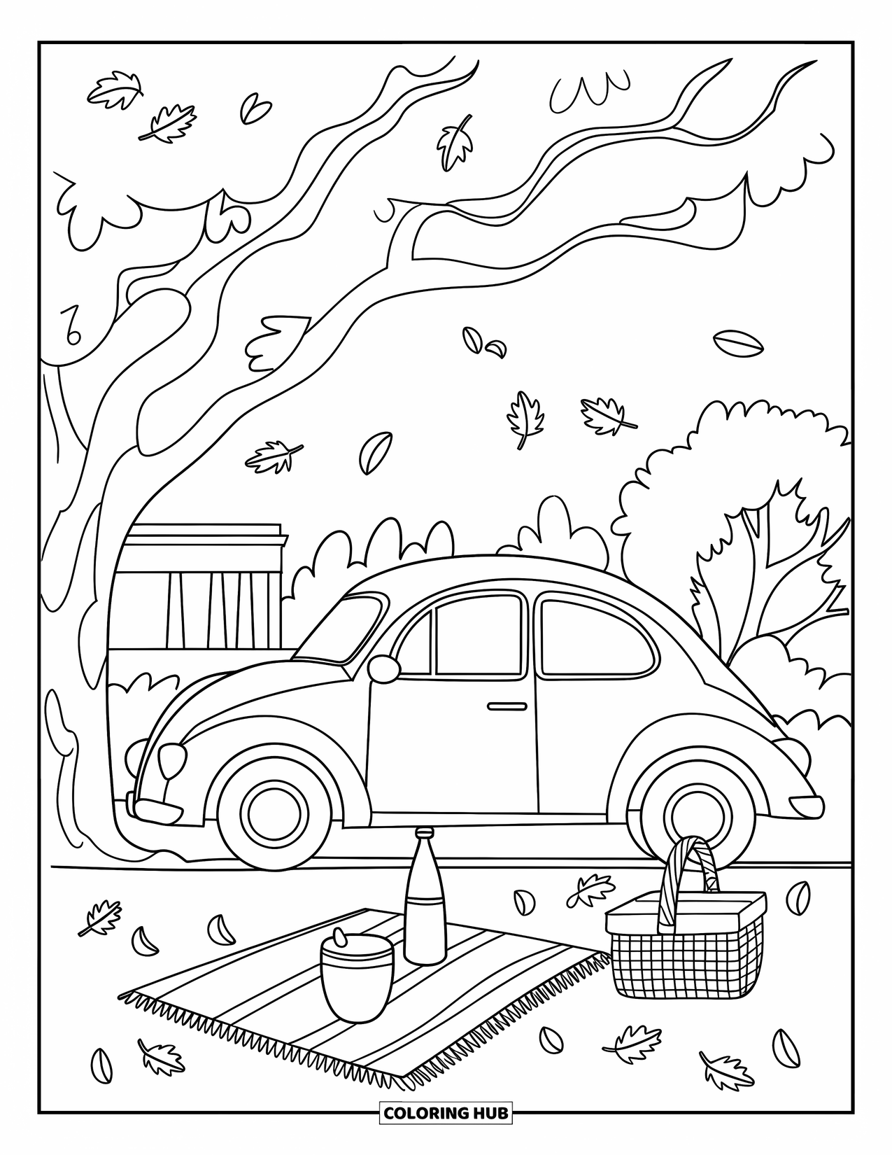 Car Coloring Page for Kids: A parked car rests near a picnic blanket and tree as leaves gently fall