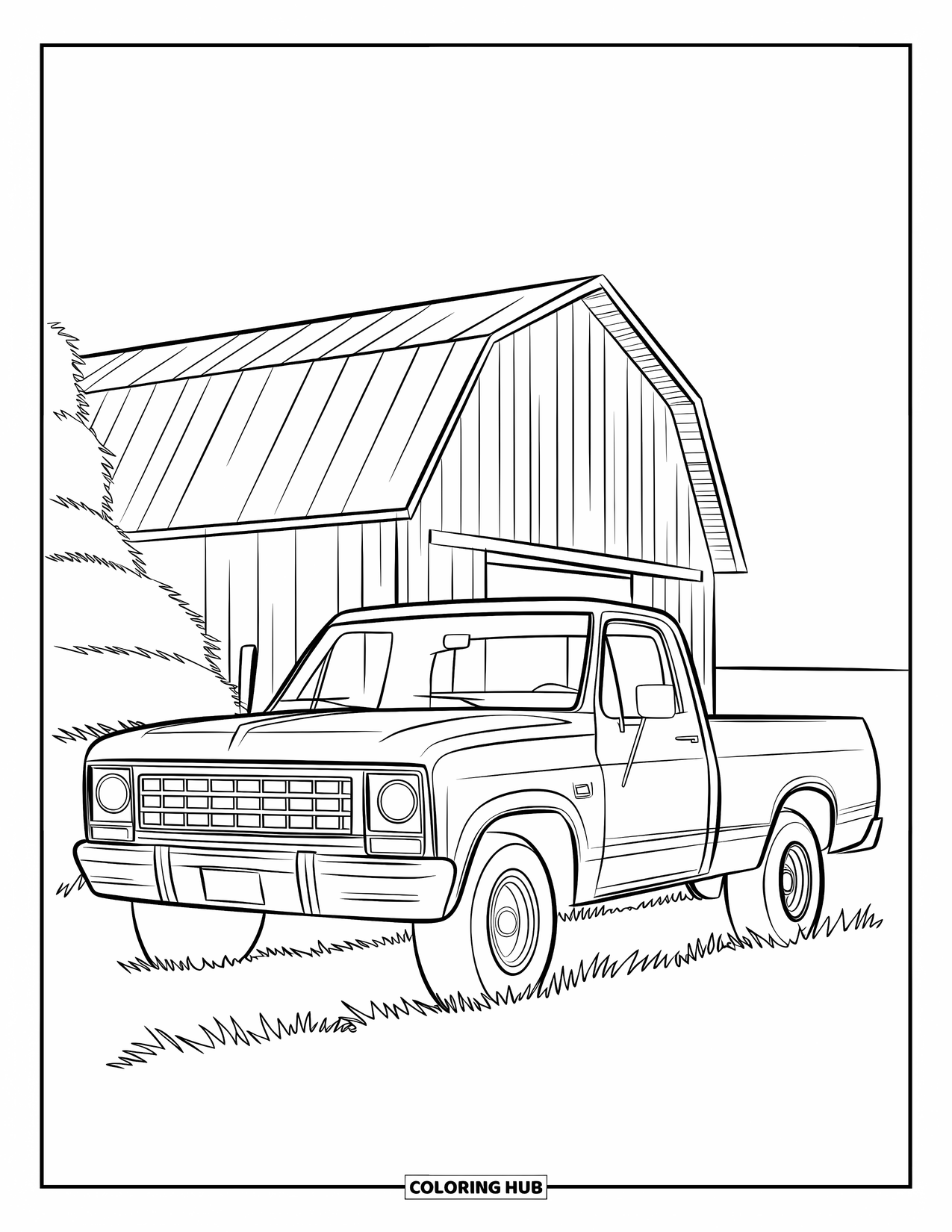 Car Coloring Page for Kids: A pickup truck sits beside a barn and haystack in a wide open field