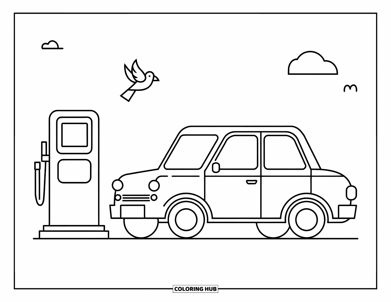 Car Coloring Page for Kids: A playful car sits near a gas pump while a bird soars overhead
