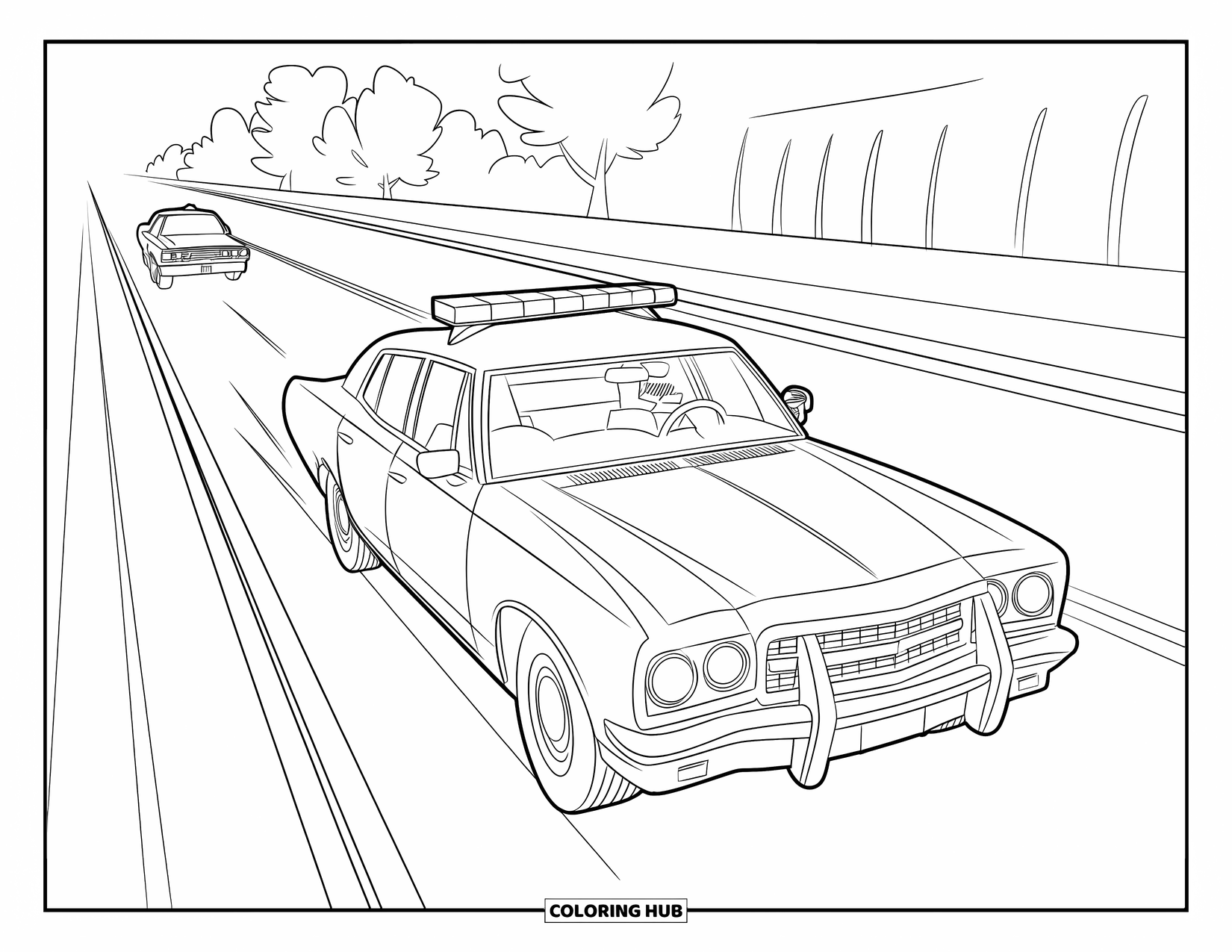 Car Coloring Page for Kids: A police car leads a chase on a wide road with trees and buildings behind