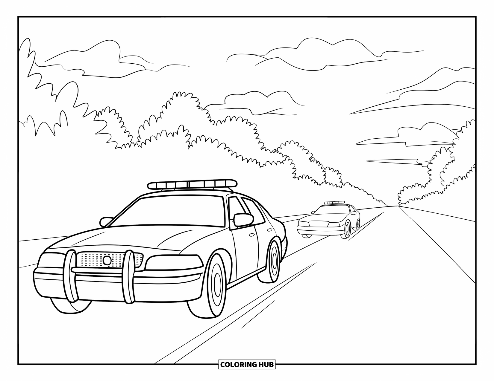 Car Coloring Page for Kids: A police car speeds after another vehicle on a tree-lined road under a cloudy sky