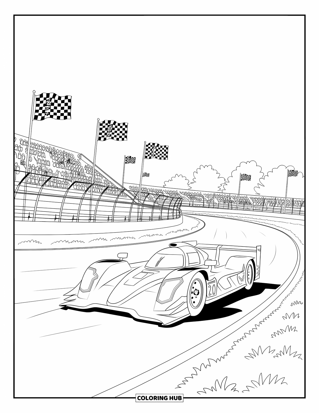 Car Coloring Page for Kids: A race car leads on a looped track with screeching tires and waving checkered flags