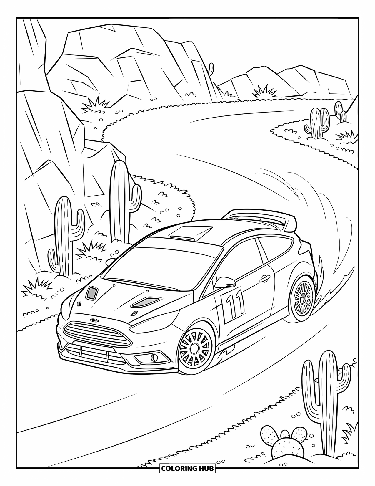 Car Coloring Page for Kids: A rally car speeds through a desert turn with cacti and rocky terrain in the background