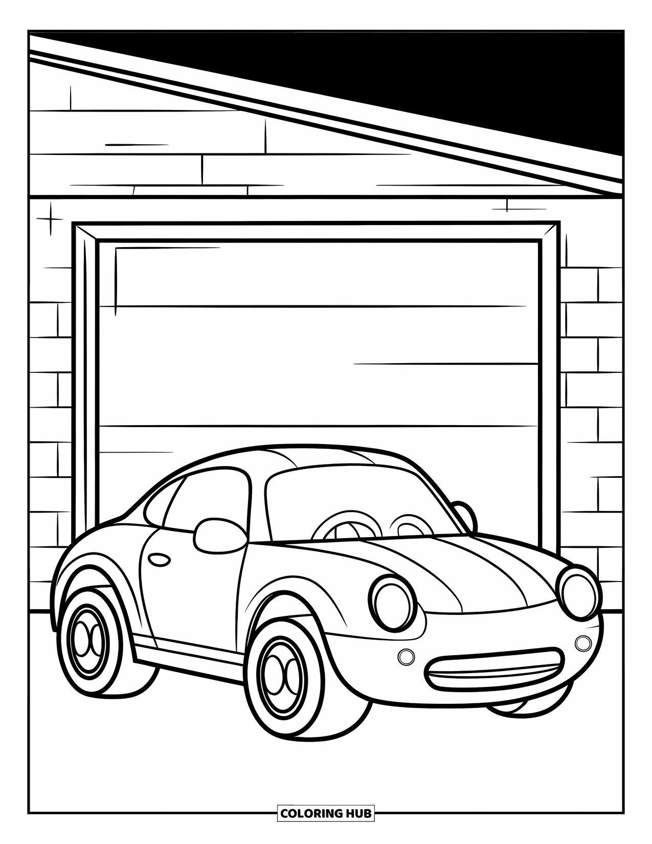 Car Coloring Page for Kids: A round sports car is parked in a brick garage with a small window and big wheels