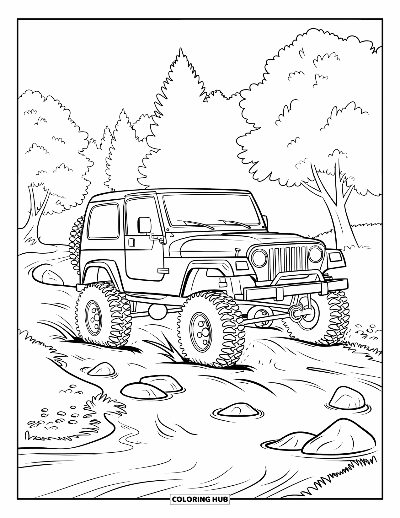 Car Coloring Page for Kids: A rugged jeep crosses a shallow river surrounded by rocks and tall trees