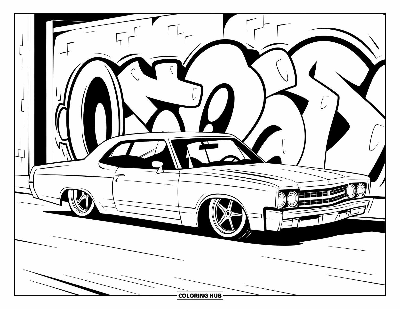 Car Coloring Page for Kids: A sleek lowrider rests by a wall with a giant eye and bold graffiti
