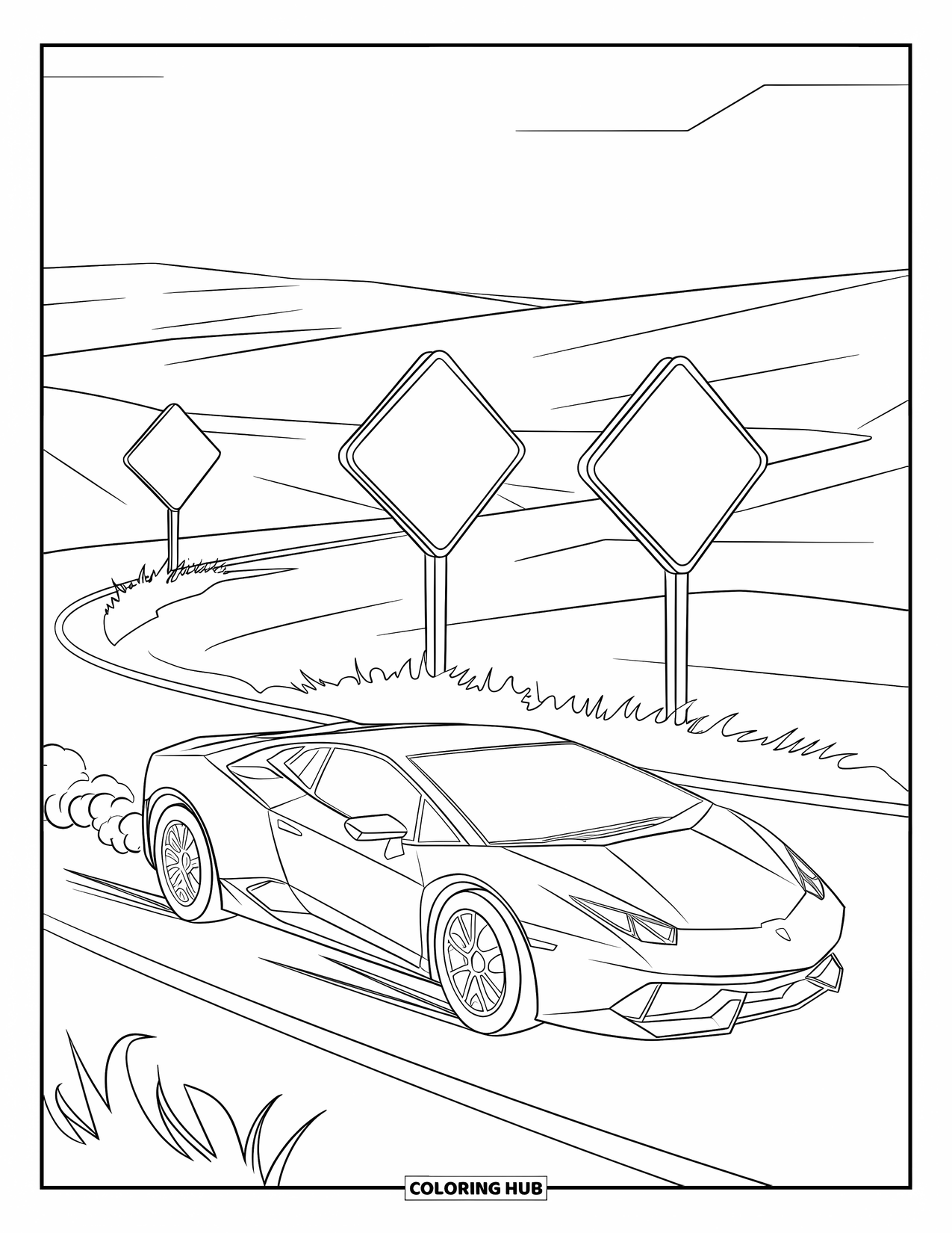 Car Coloring Page for Kids: A sleek sports car speeds past road signs, kicking up dust on a wide open road