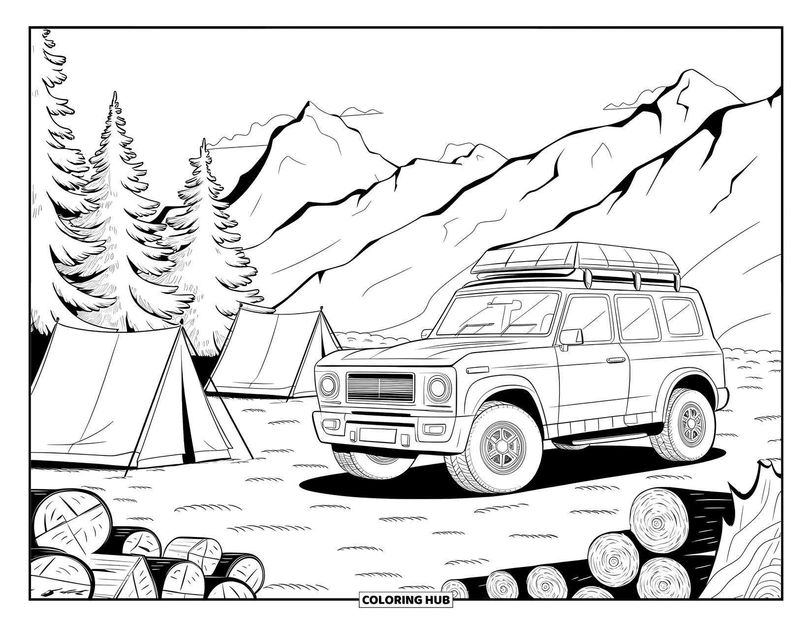 Car Coloring Page for Kids: A sleek SUV sits beside tents and firewood under clear mountain skies and pine needles