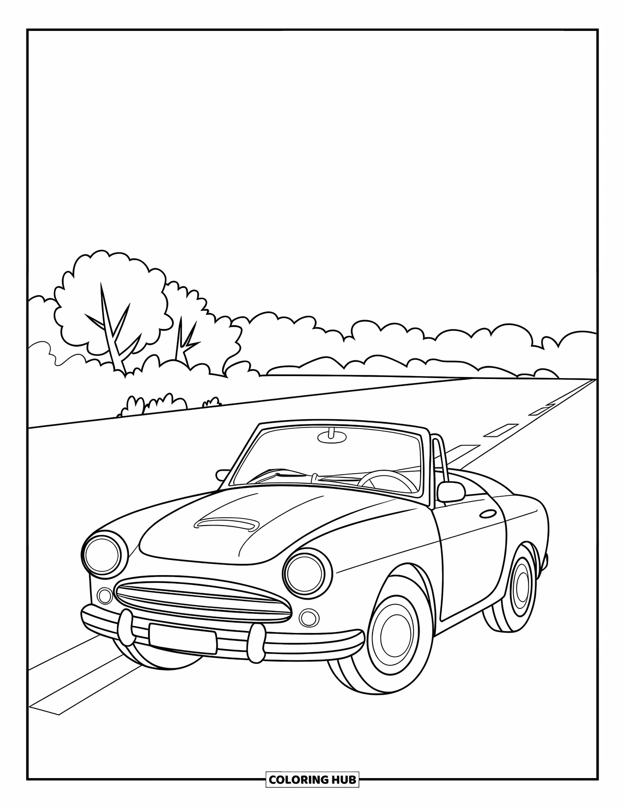 Car Coloring Page for Kids: A small convertible is parked on an open road with a few trees in the background