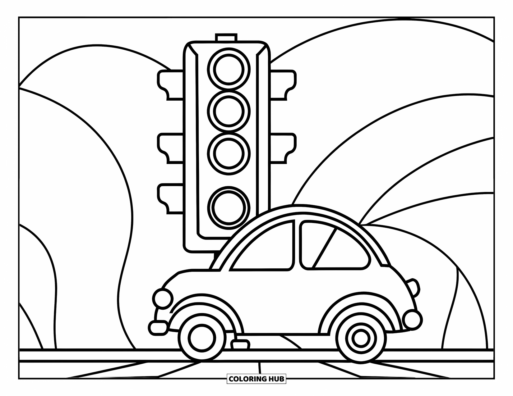 Car Coloring Page for Kids: A small round car faces a stoplight on a quiet road