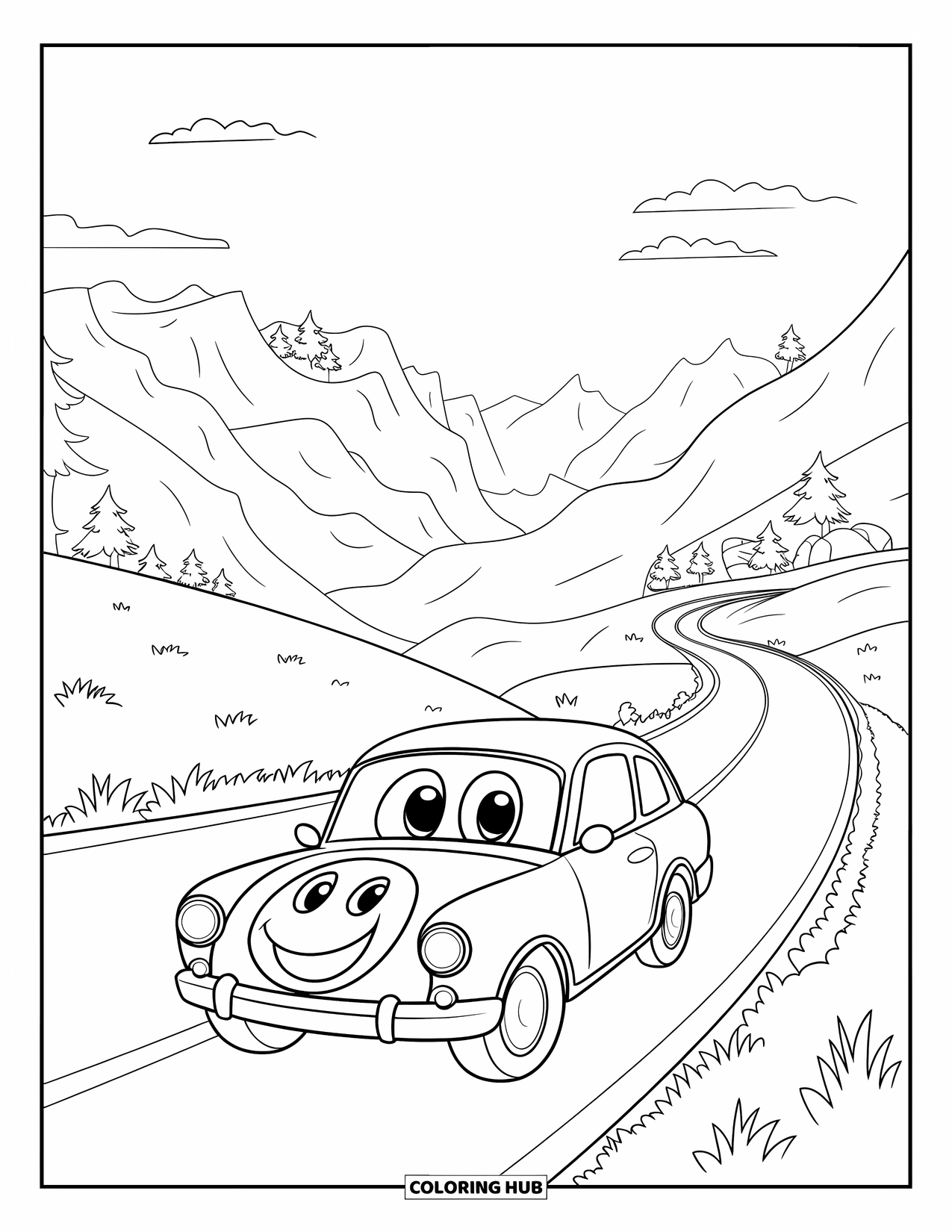 Car Coloring Page for Kids: A smiling car drives through a mountain valley under clear skies and grassy hills