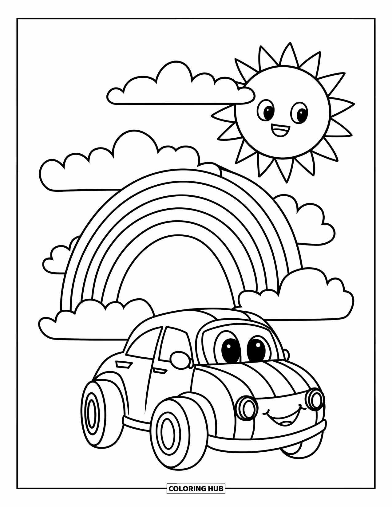 Car Coloring Page for Kids: A smiling car with big wheels rests beneath a rainbow, fluffy clouds, and a happy sun