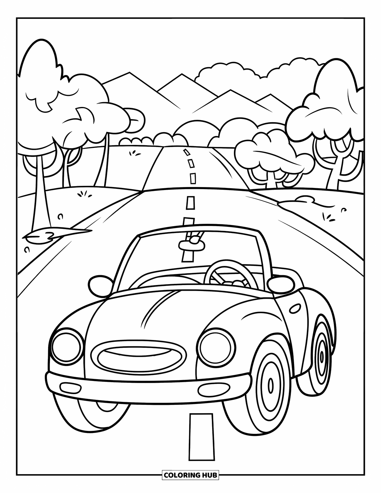 Car Coloring Page for Kids: A smiling convertible drives a bumpy road with trees, mountains, and sky behind it