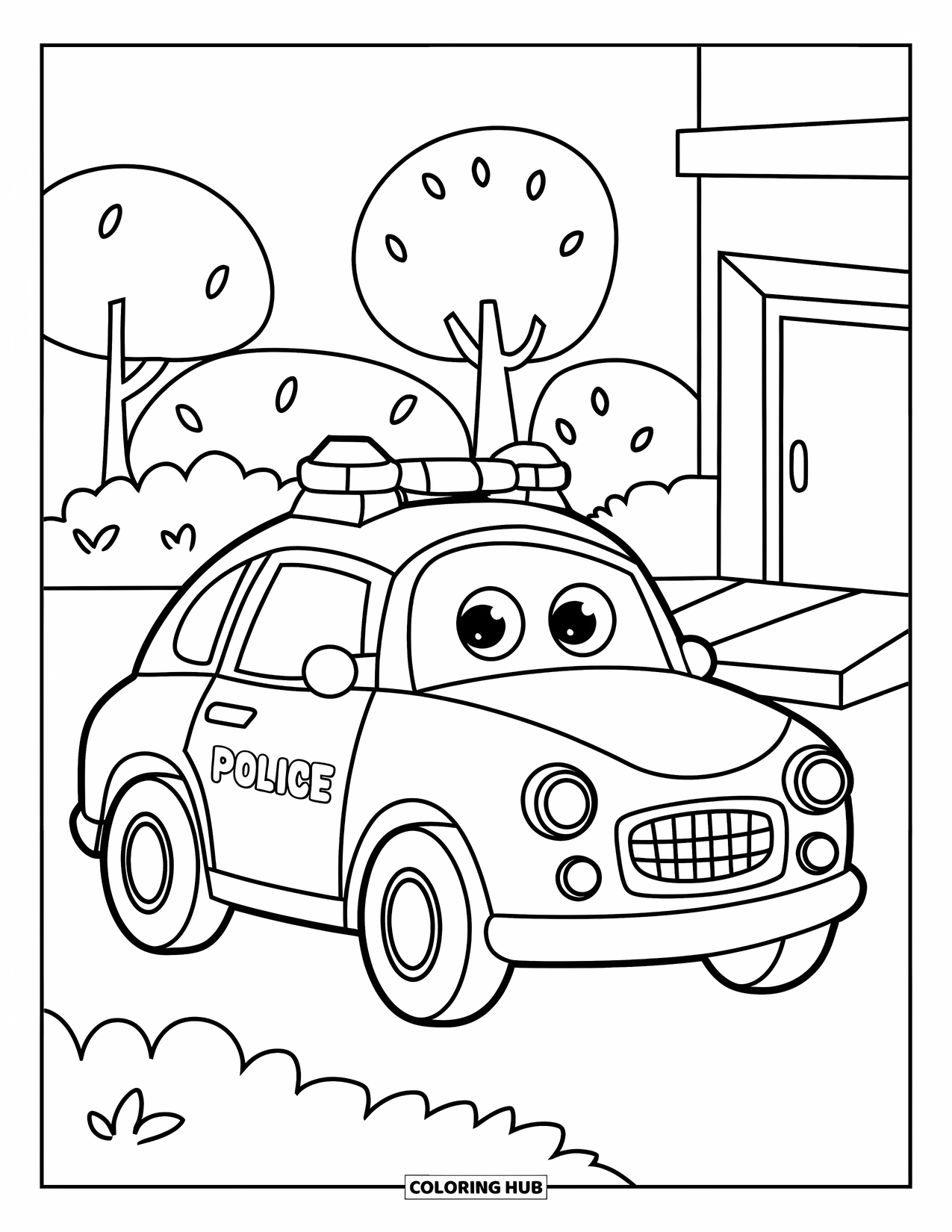 Car Coloring Page for Kids: A smiling police car sits beside a small building and a few trees
