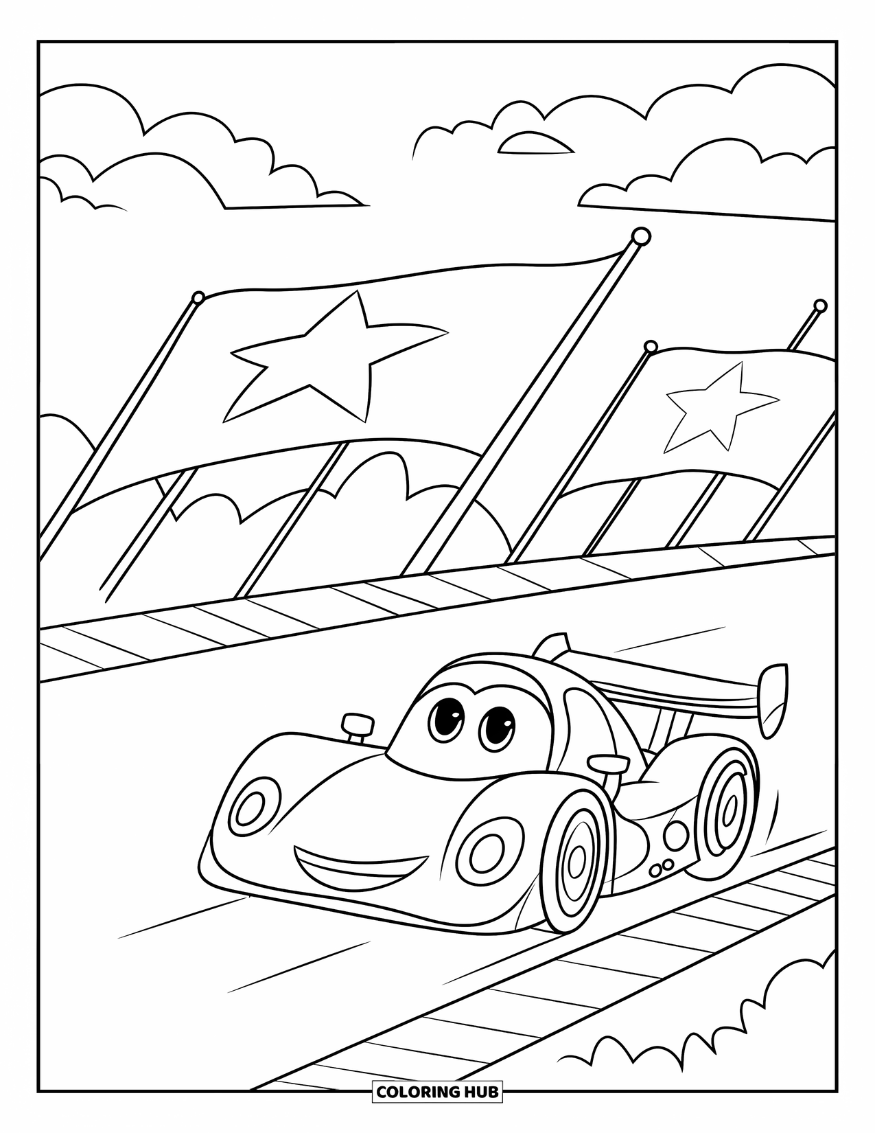 Car Coloring Page for Kids: A smiling race car leads on a straight track with stars on flags and clouds in the sky