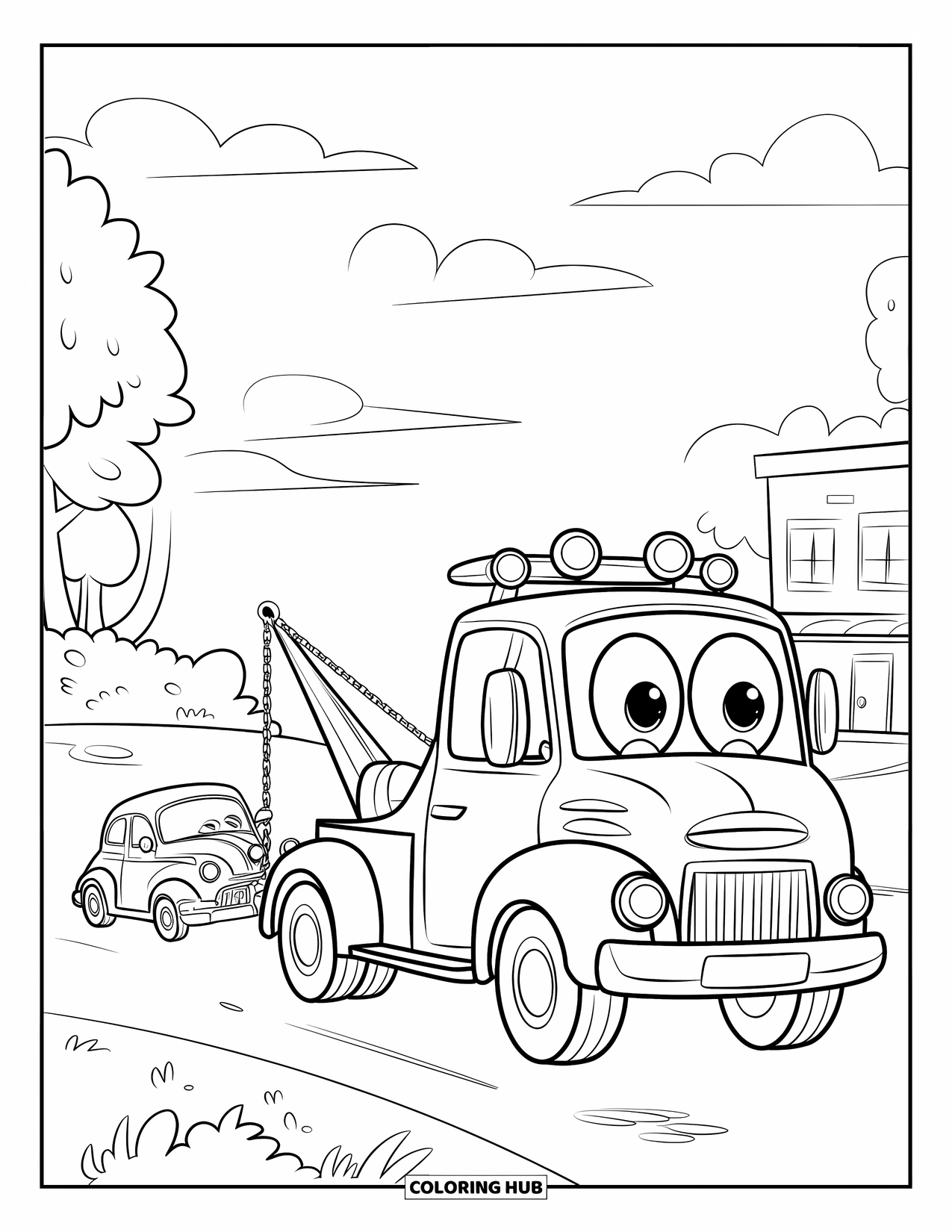 Car Coloring Page for Kids: A smiling tow truck pulls a broken car with chains through a calm, tree-lined road