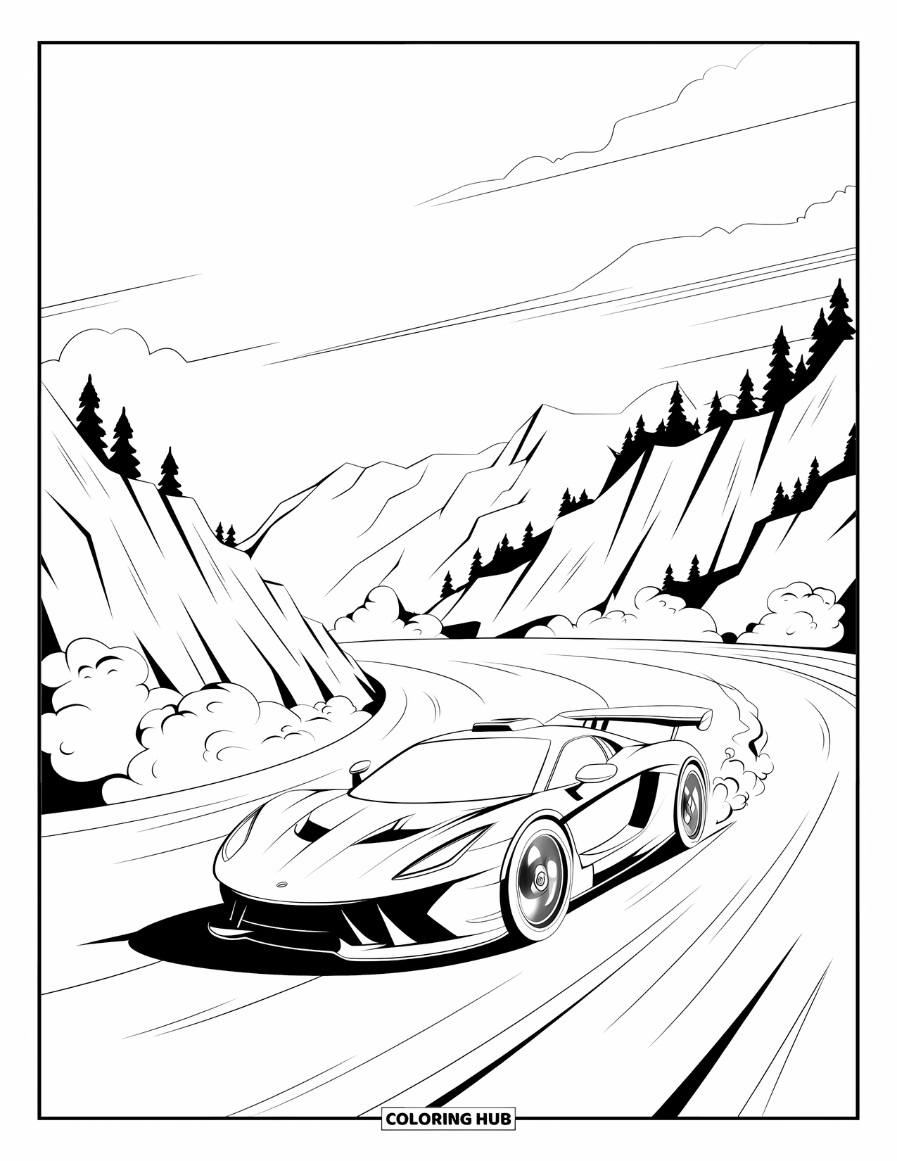 Car Coloring Page for Kids: A sports car drifts through mountain turns with smoke and motion lines trailing behind