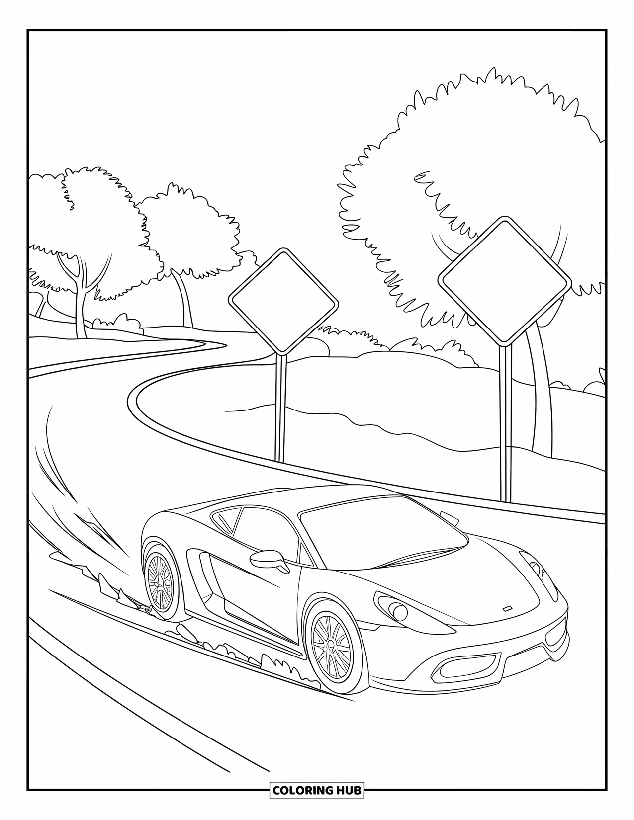 Car Coloring Page for Kids: A sporty car races along a curvy road lined with trees, leaving a dusty trail