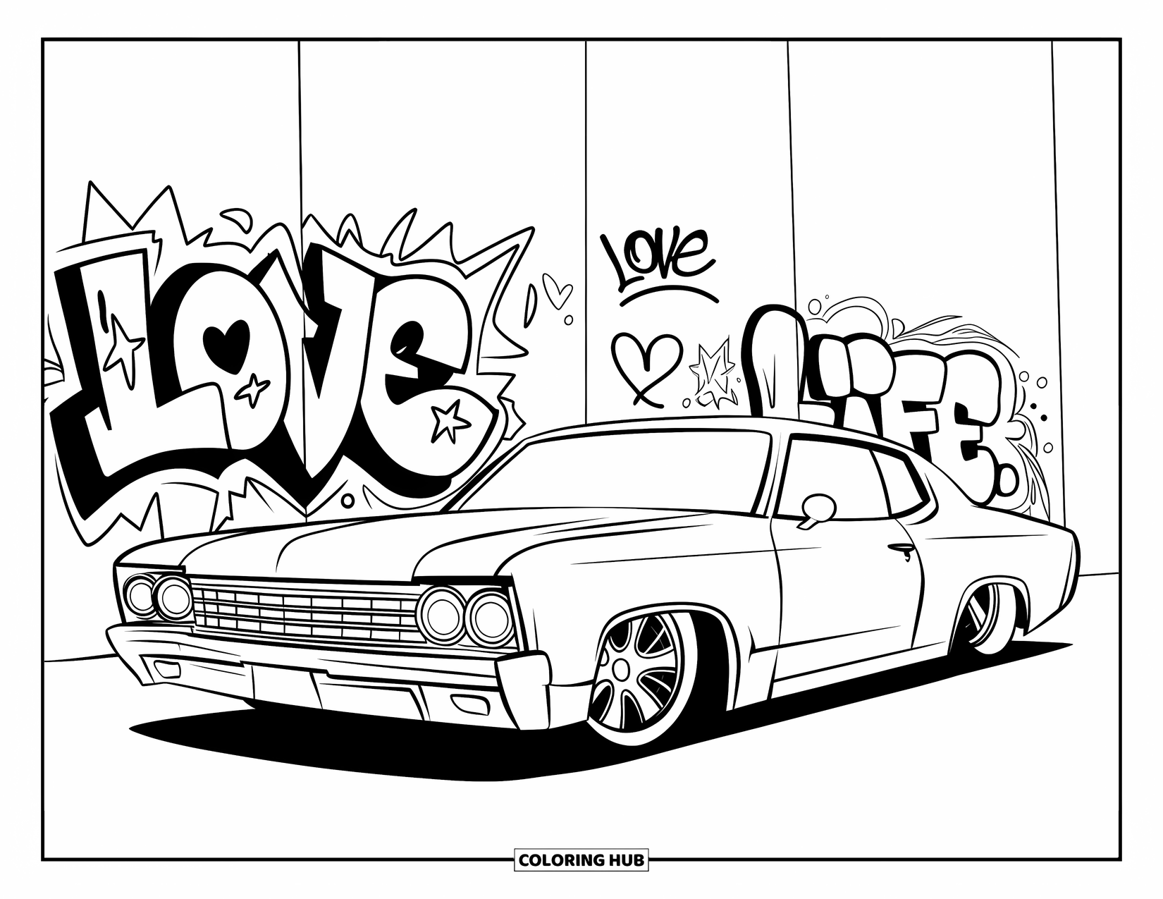 Car Coloring Page for Kids: A stylish lowrider sits beside graffiti art with stars, hearts, and bold words