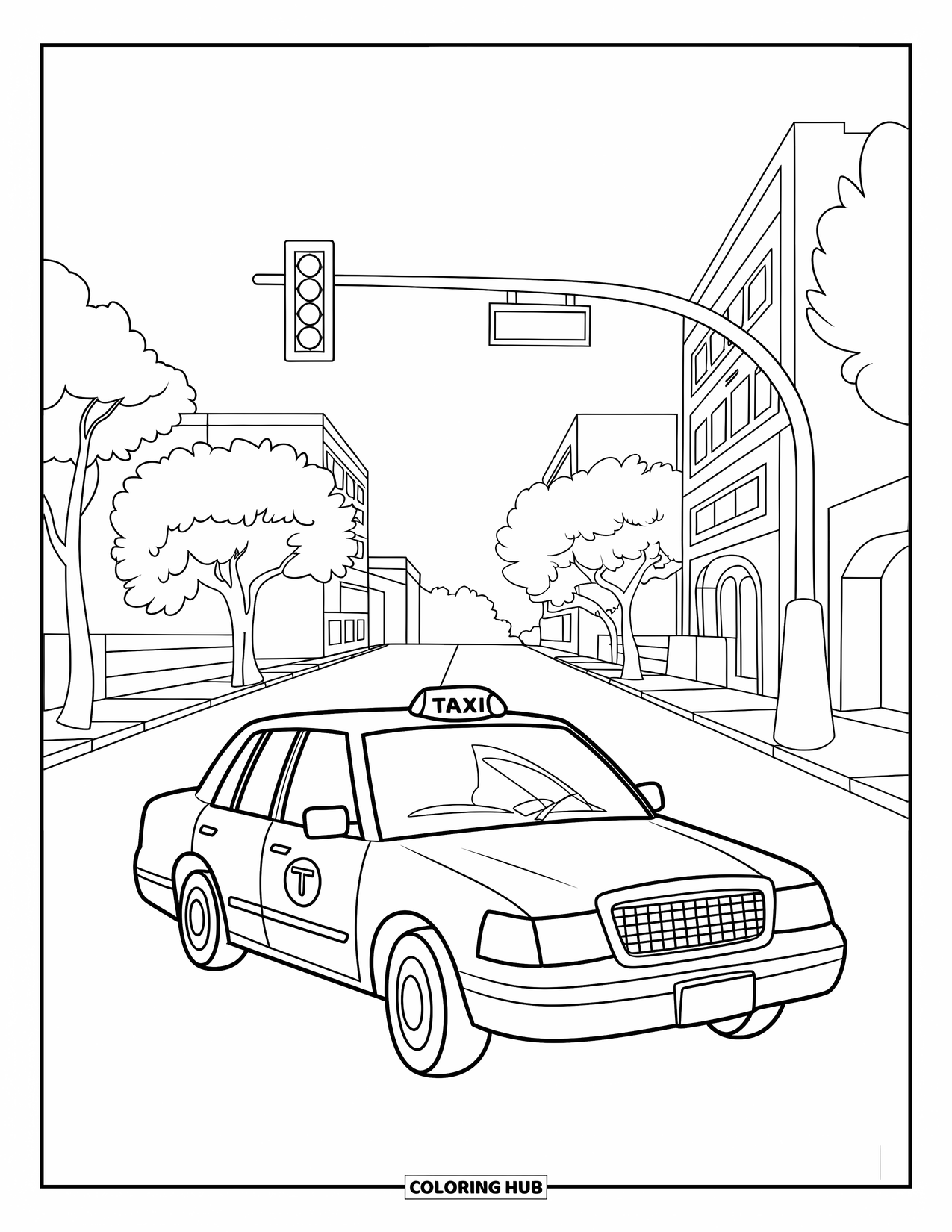 Car Coloring Page for Kids: A taxi cruises past buildings and trees under a clear sky with a glowing roof light