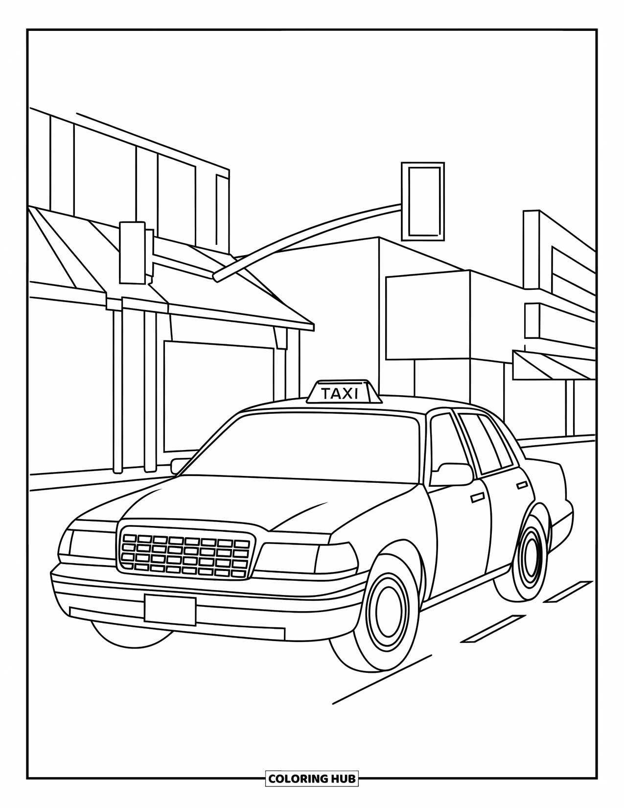 Car Coloring Page for Kids: A taxi drives through the city past buildings and a traffic light