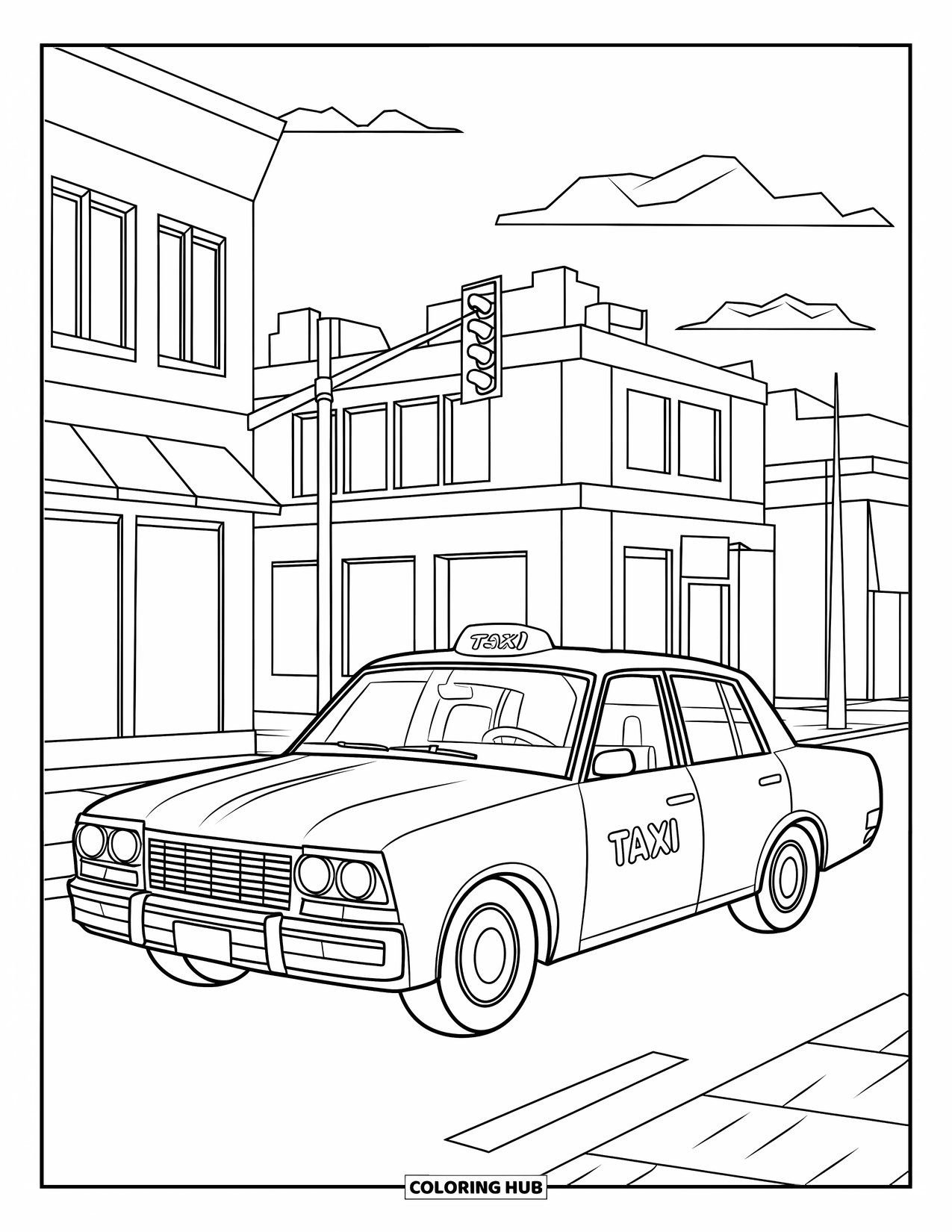 Car Coloring Page for Kids: A taxi rolls down a city street lined with windows and a few clouds above