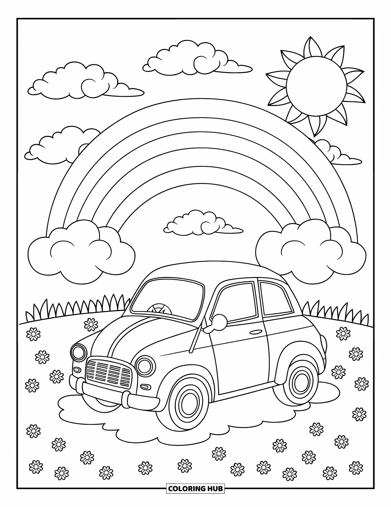 Car Coloring Page for Kids: A tiny car is parked on grass under a rainbow with flowers, trees, and a sunny sky