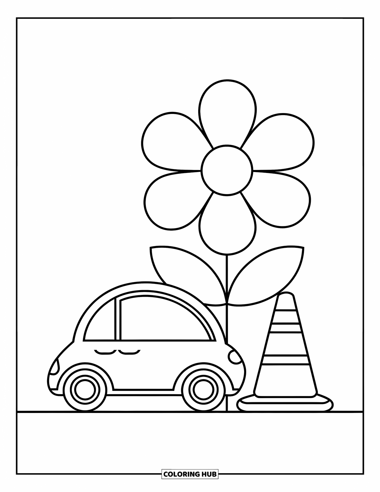 Car Coloring Page for Kids: A tiny car sits beside a giant flower and a big traffic cone