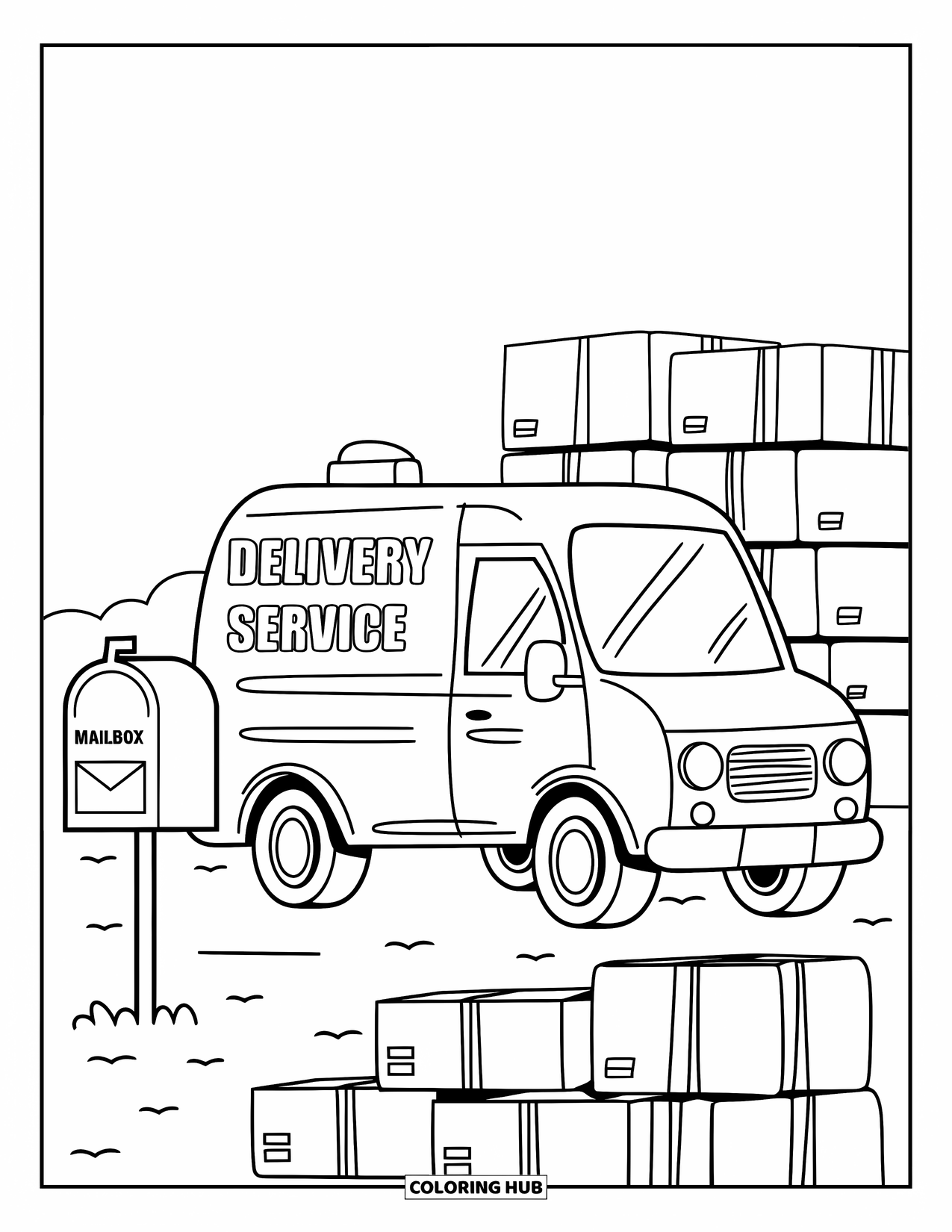 Car Coloring Page for Kids: A van parked near a mailbox surrounded by packages ready to go
