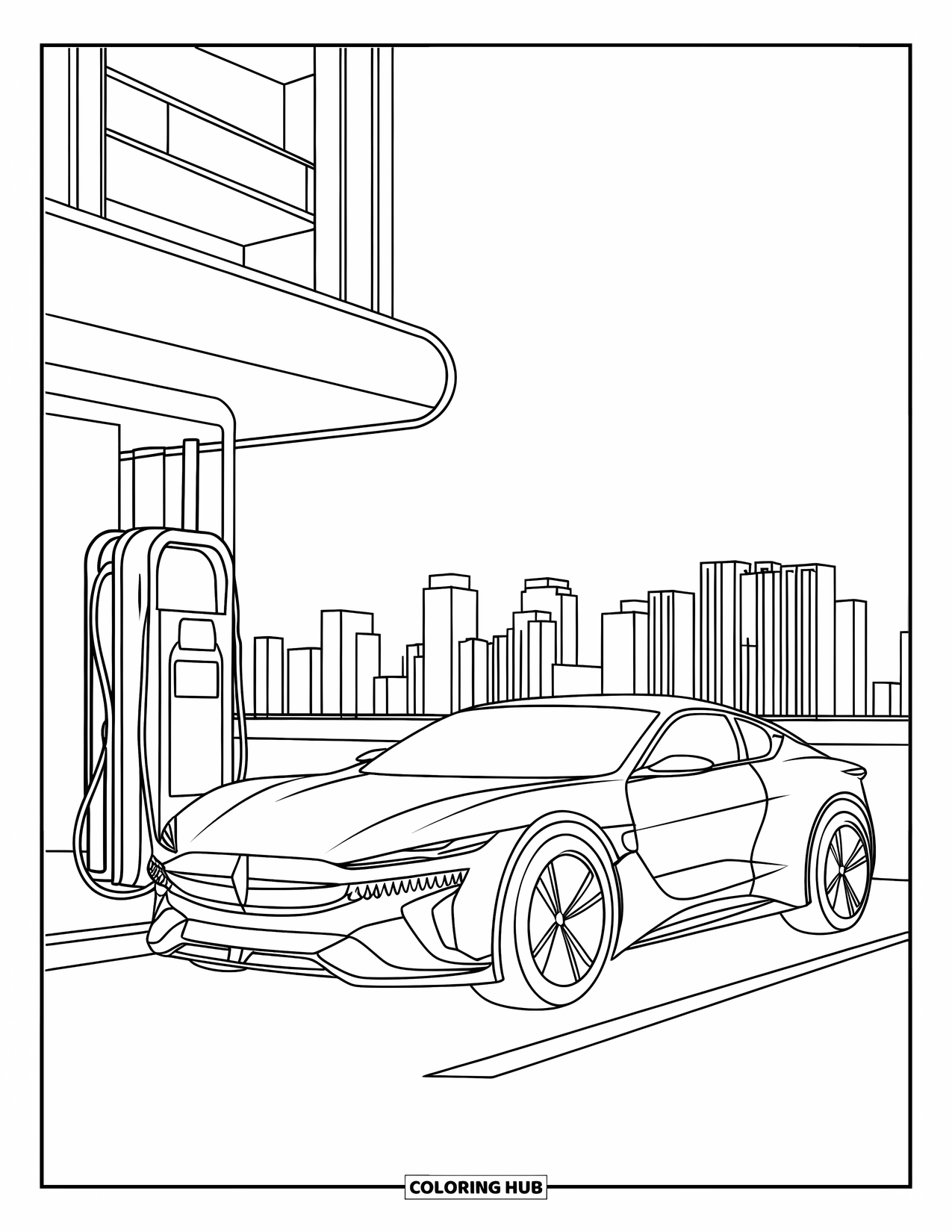 Car Coloring Page for Kids: An electric car is parked at a charger near tall buildings and a quiet street