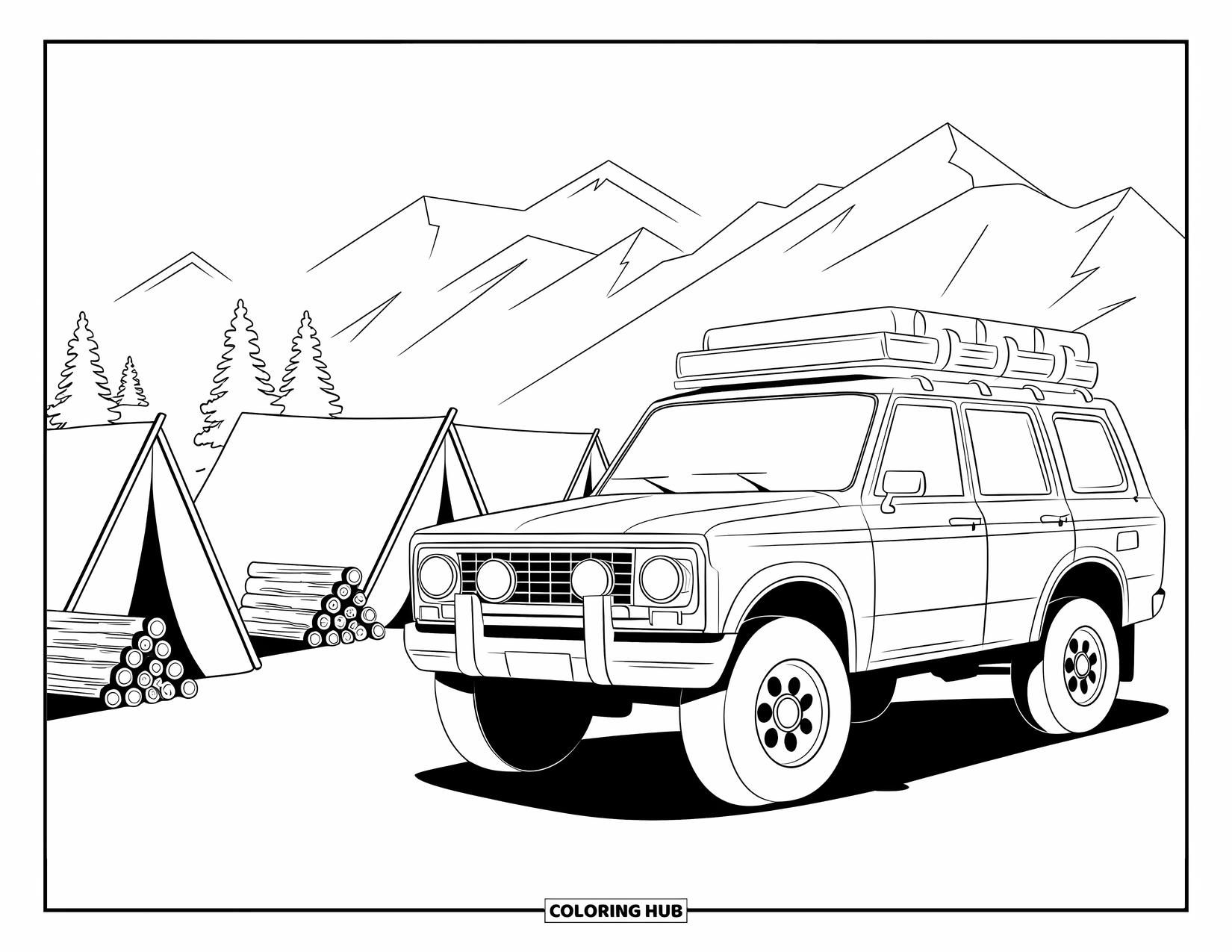 Car Coloring Page for Kids: An SUV parks near a cozy campsite with tents, stacked wood, and mountain views