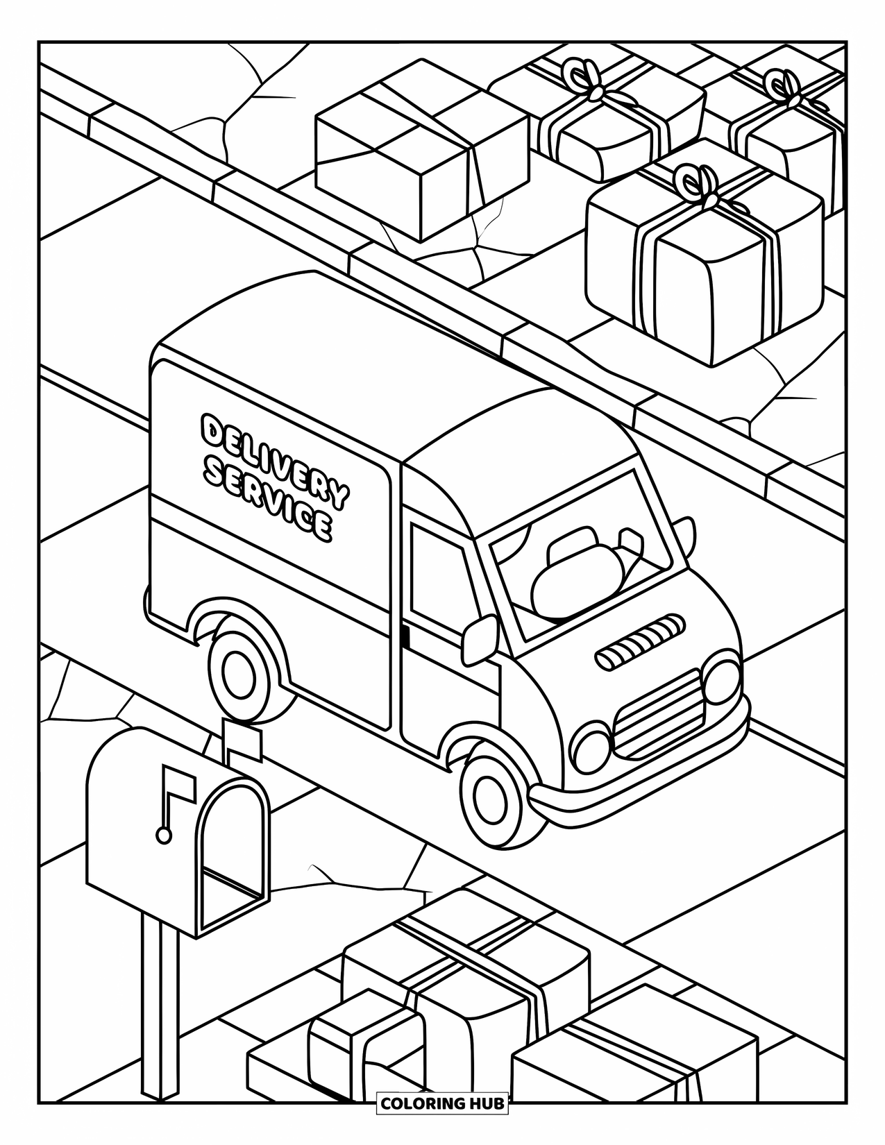 Car Coloring Page for Kids: Parcels lie around a delivery van beside a mailbox with its flag up
