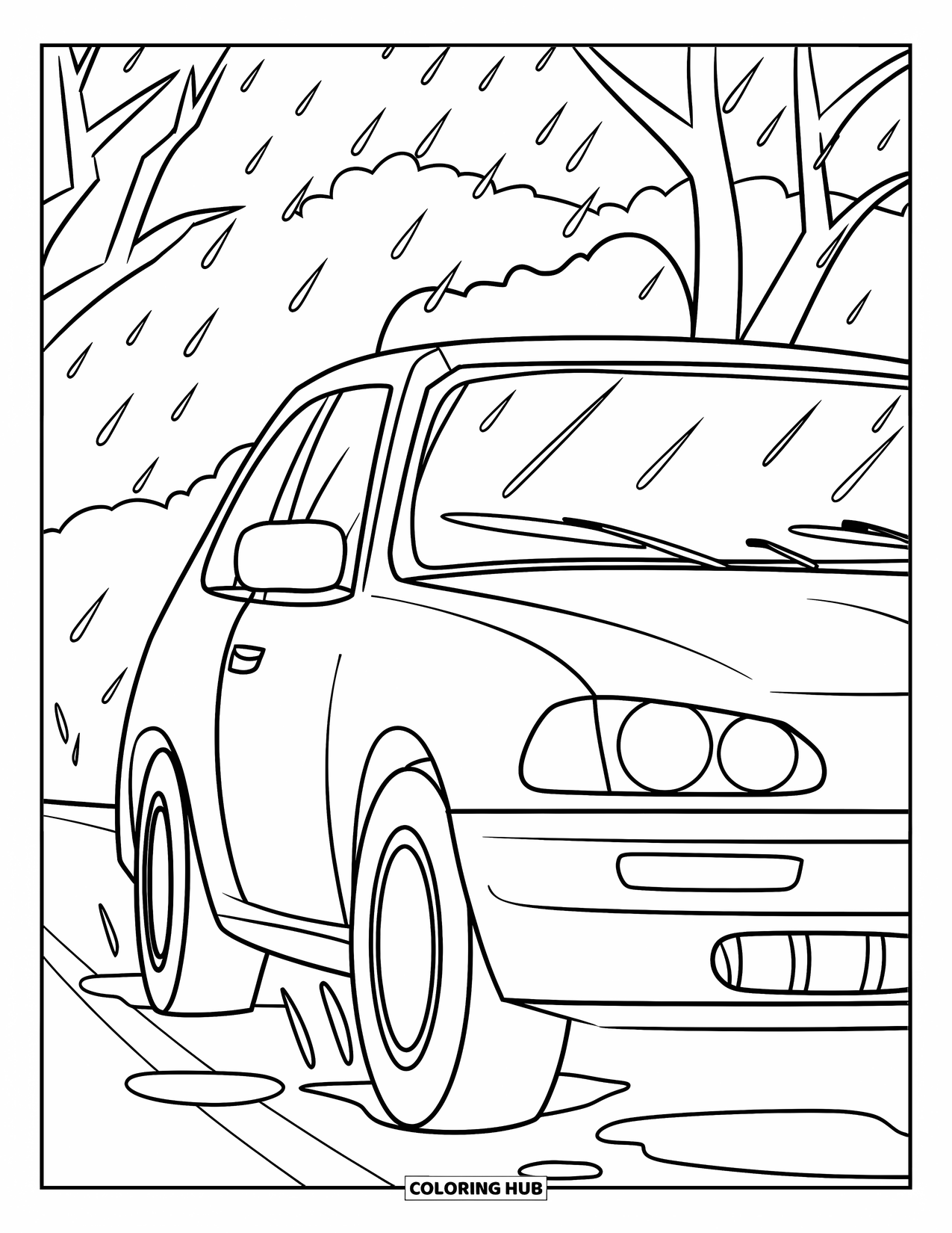 Car Coloring Page for Kids: Wipers on, a car cruises through the rain past trees and wet roads