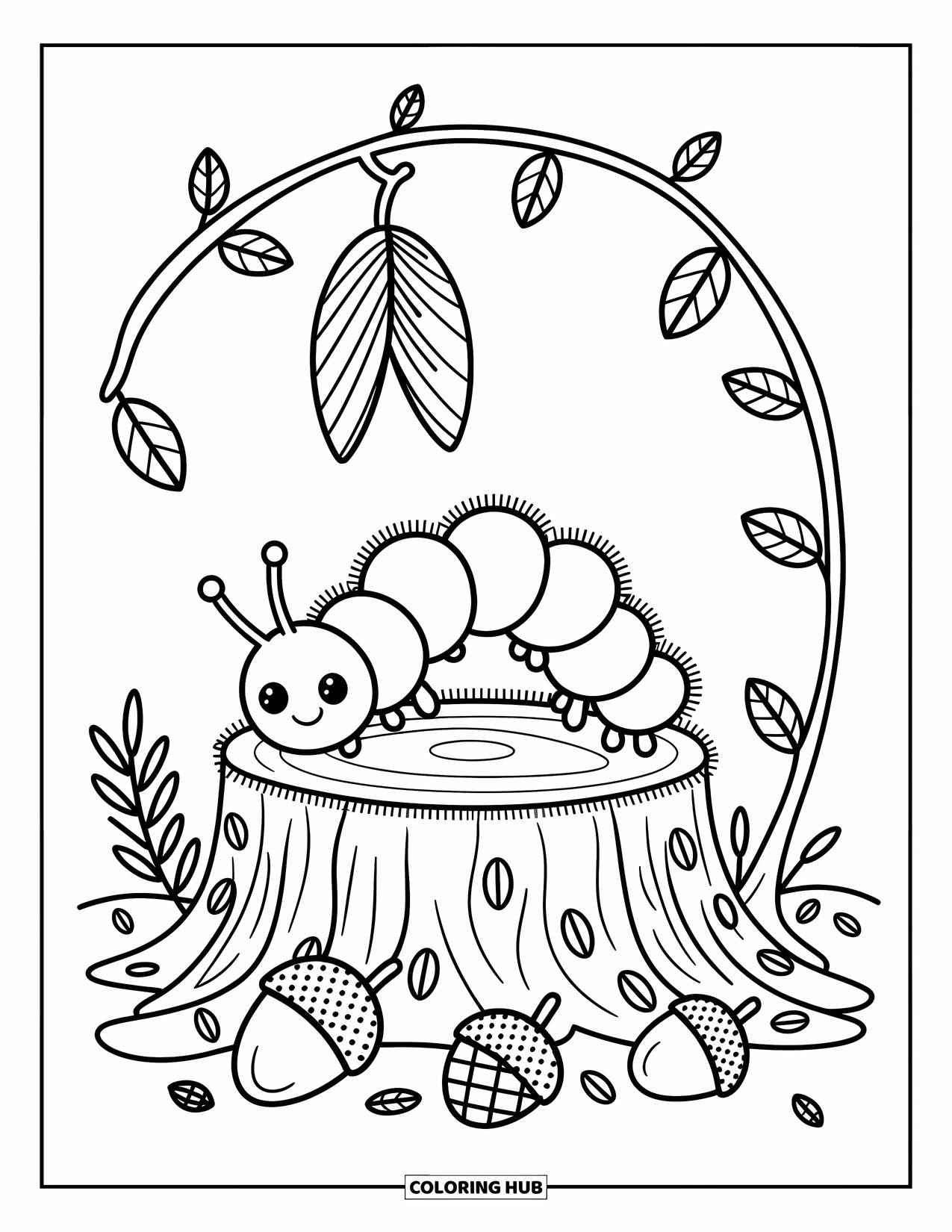 Desenho de Lagarta para Colorir para Adultos: Uma lagarta rasteja sobre um toco musgoso com uma crisálida pendurada em um galho acima