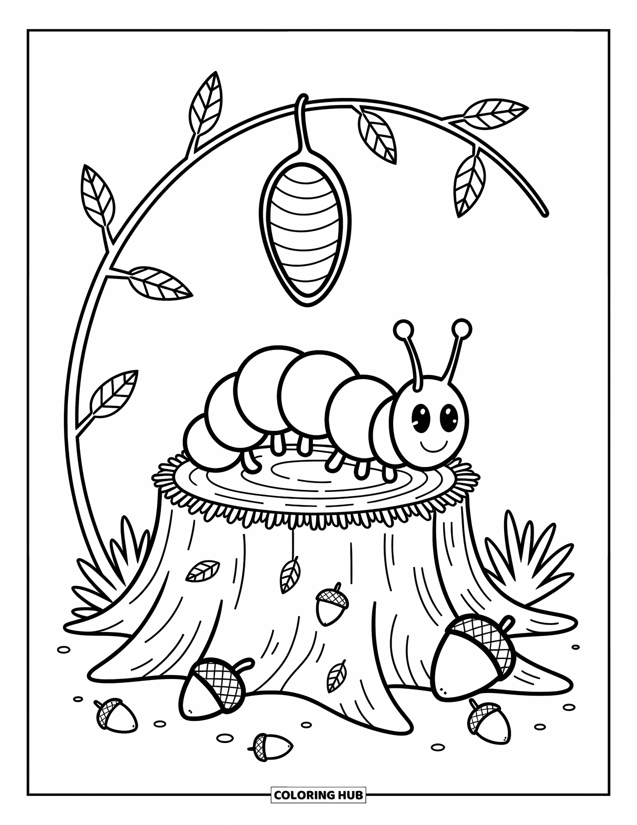 Desenho de Lagarta para Colorir para Adultos: Uma lagarta rasteja em um toco musgoso com bolotas nas proximidades e uma crisálida pendurada acima