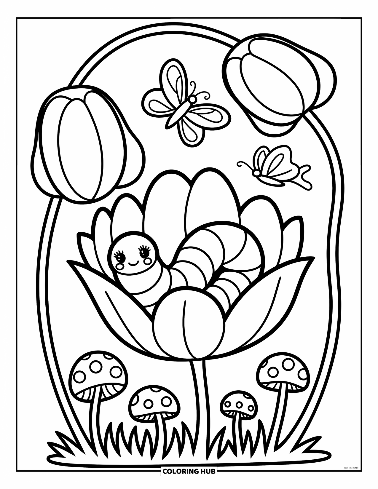 Desenho de Lagarta para Colorir para Adultos: Uma lagarta se enrola dentro de um leito de pétalas com grandes folhas de flores e uma borboleta pairando