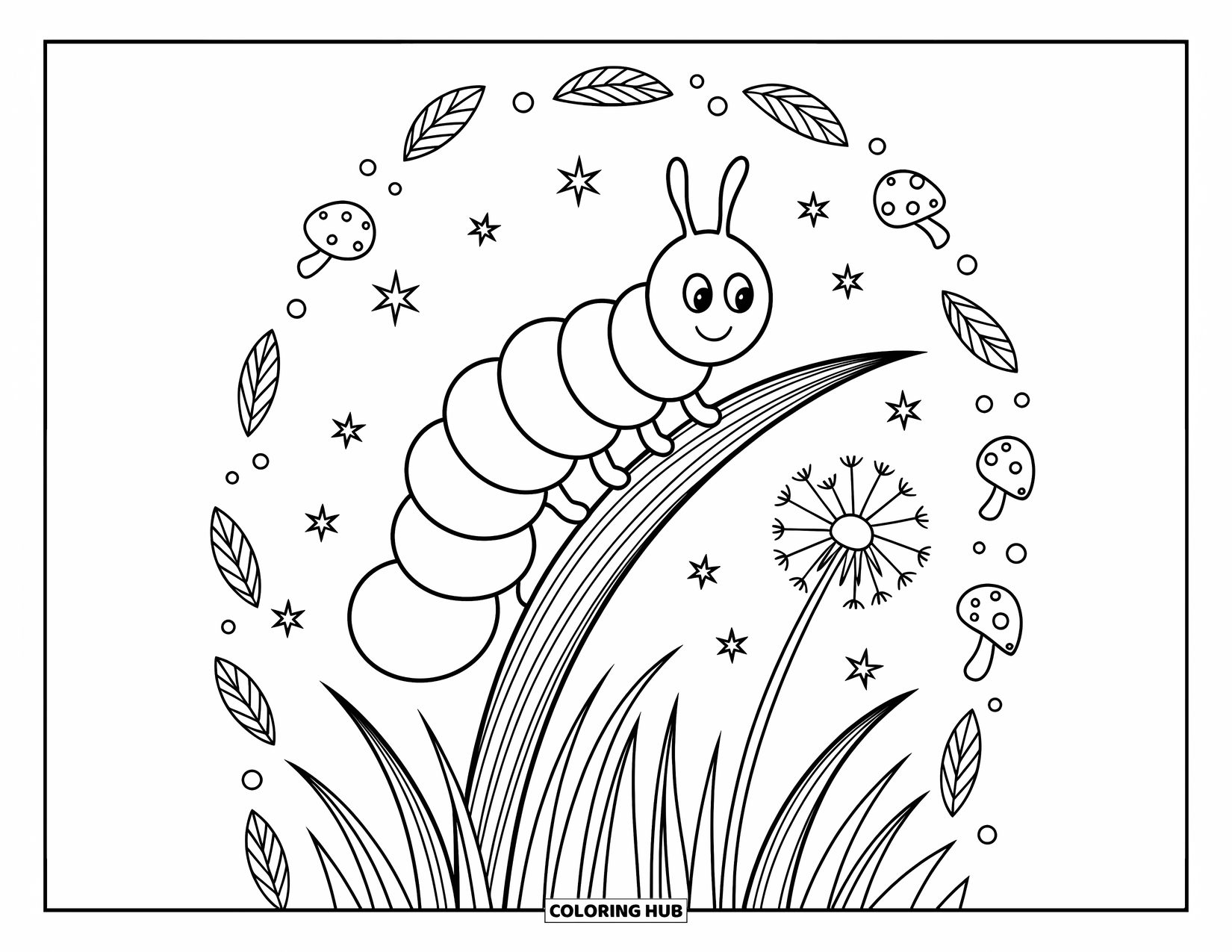 Desenho de Lagarta para Colorir para Adultos: Uma lagarta aprecia a brisa em uma alta folha de grama cercada por decorações folhosas fofas