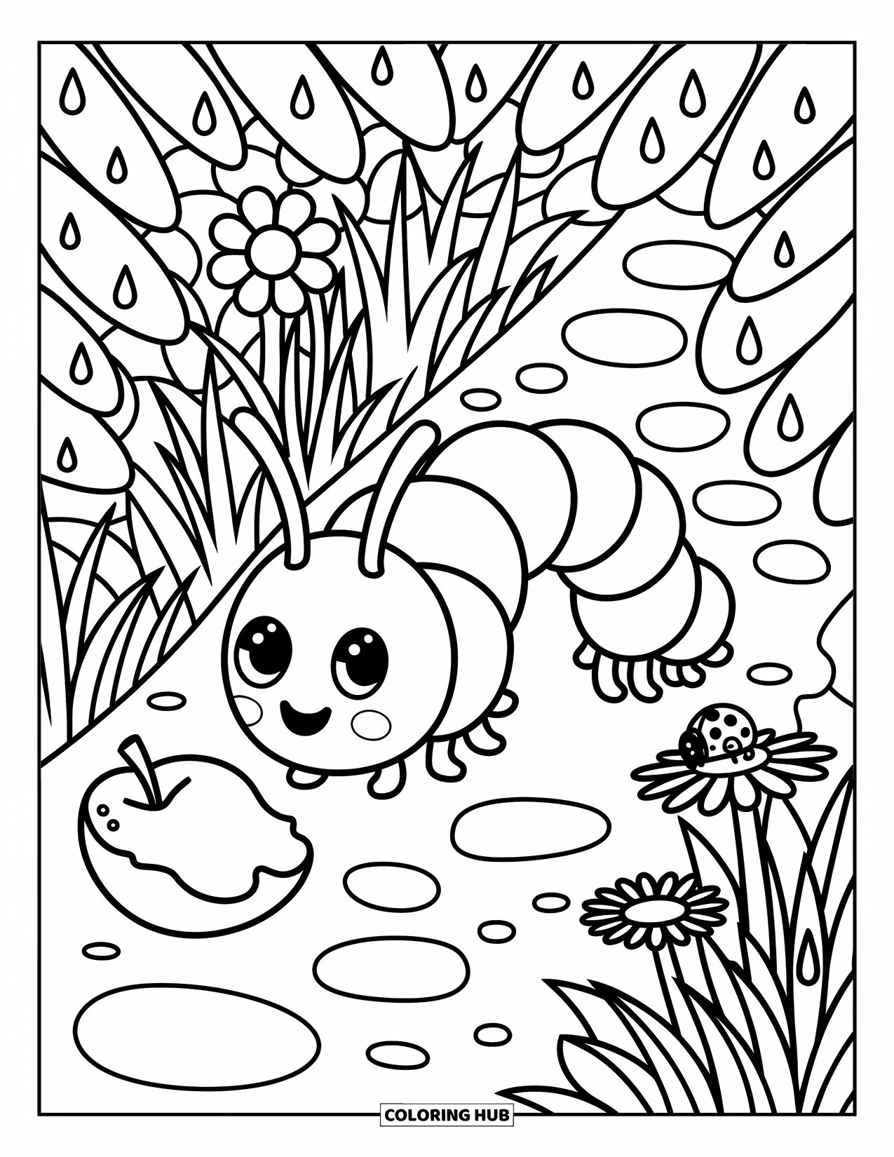 Desenho de Lagarta para Colorir para Adultos: Uma lagarta explora um caminho de jardim perto de uma margarida, uma joaninha e uma maçã mordida