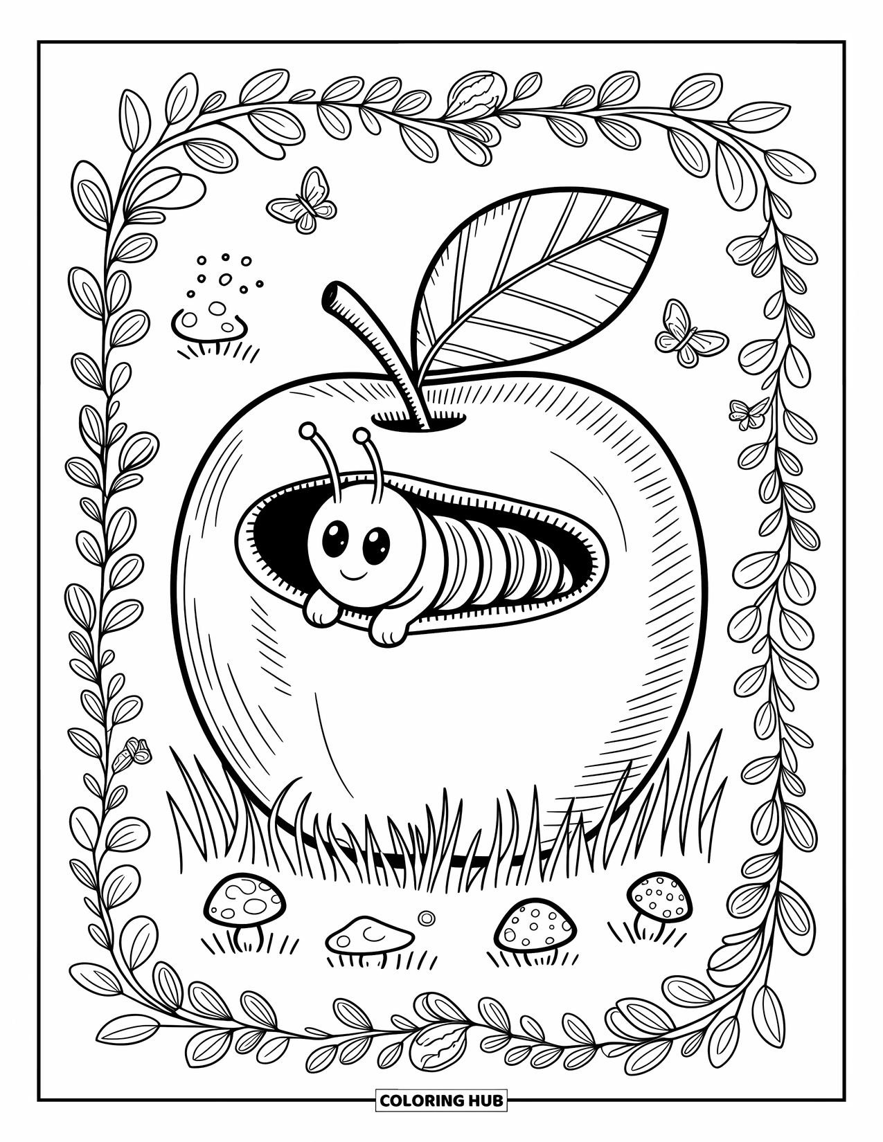 Desenho de Lagarta para Colorir para Adultos: Uma lagarta em uma maçã espreita brincando com borboletas e videiras ao redor