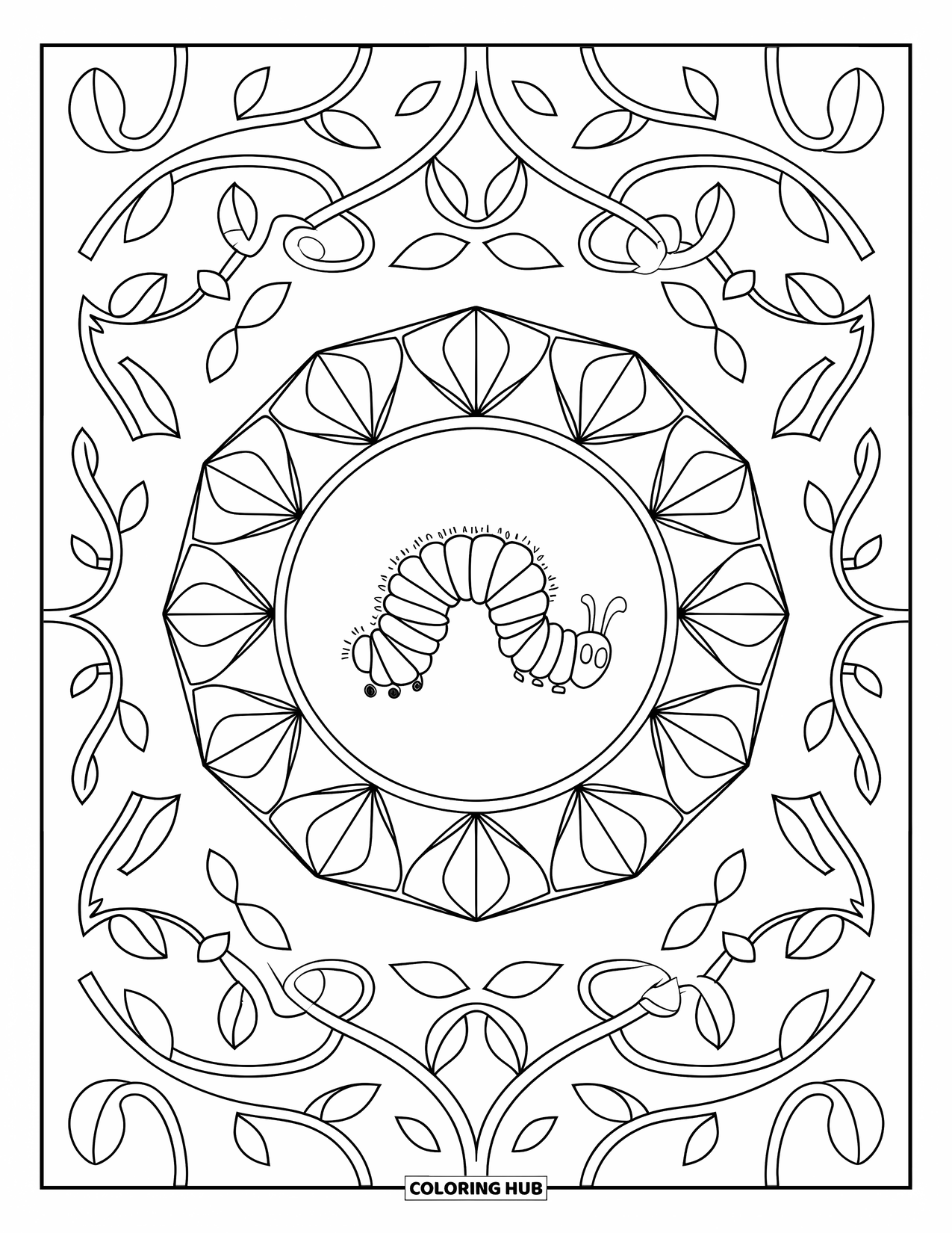 Desenho de lagarta para colorir para adultos: Uma lagarta é emoldurada em um círculo floral com vinhas e padrões de folhas