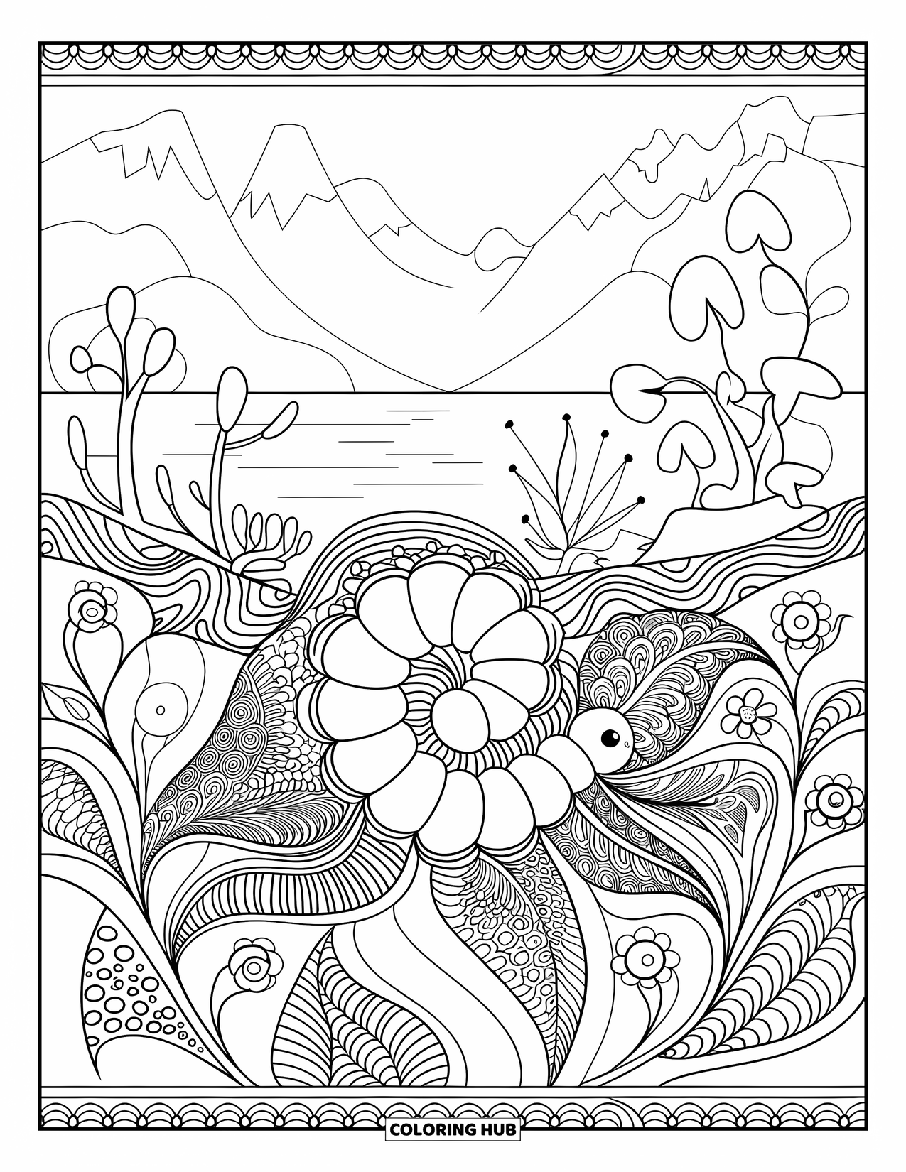 Desenho de Lagarta para Colorir para Adultos: Uma lagarta está no coração de um jardim floral zentangle com uma borda cênica