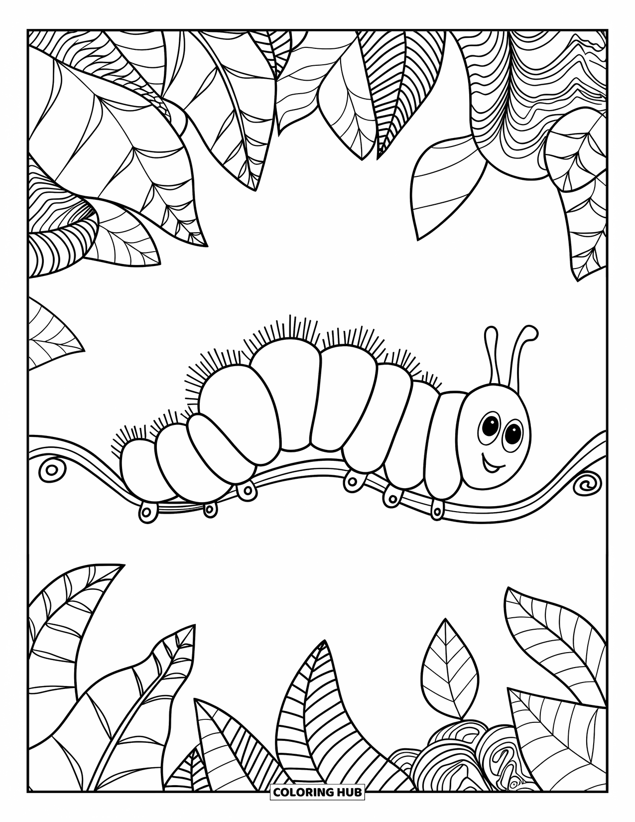 Desenho de Lagarta para Colorir para Adultos: Uma lagarta repousa calmamente em uma videira cercada por espirais zentangle folhosas