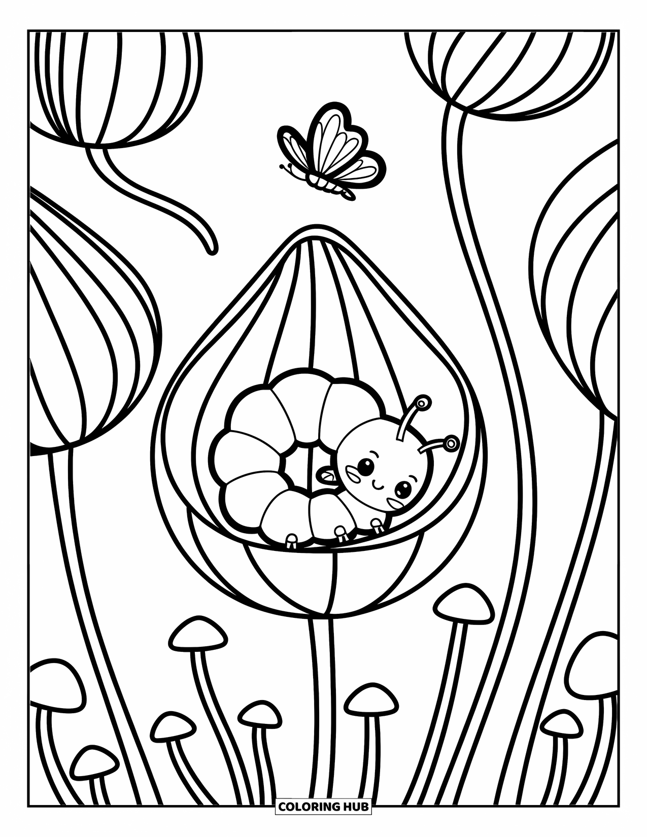 Desenho de Lagarta para Colorir para Adultos: Uma lagarta cochila em um leito de pétalas de flores enquanto uma borboleta e cogumelos a cercam