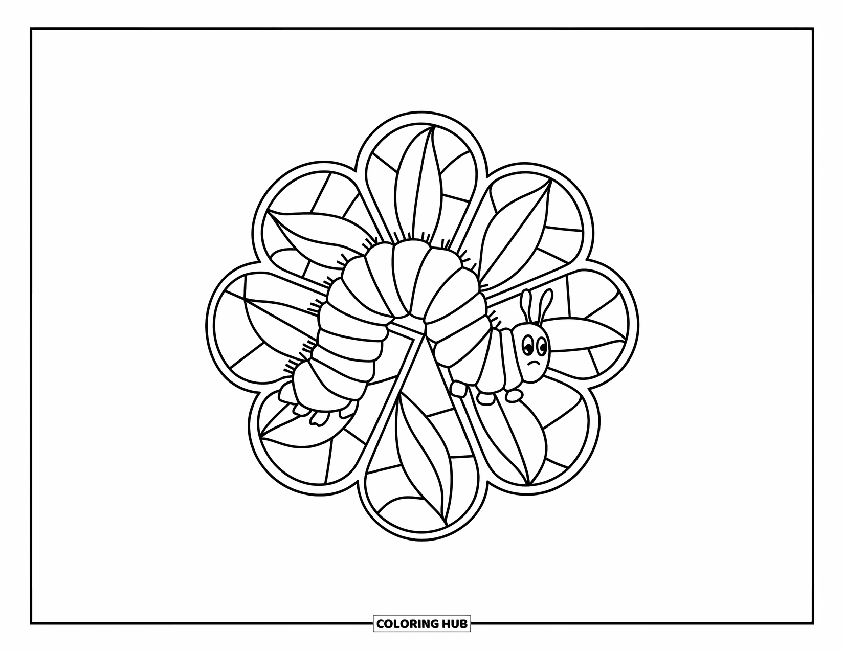Desenho de lagarta para colorir para adultos: Uma lagarta aninha-se dentro de uma janela de flor de vitral com formas curvas de folhas