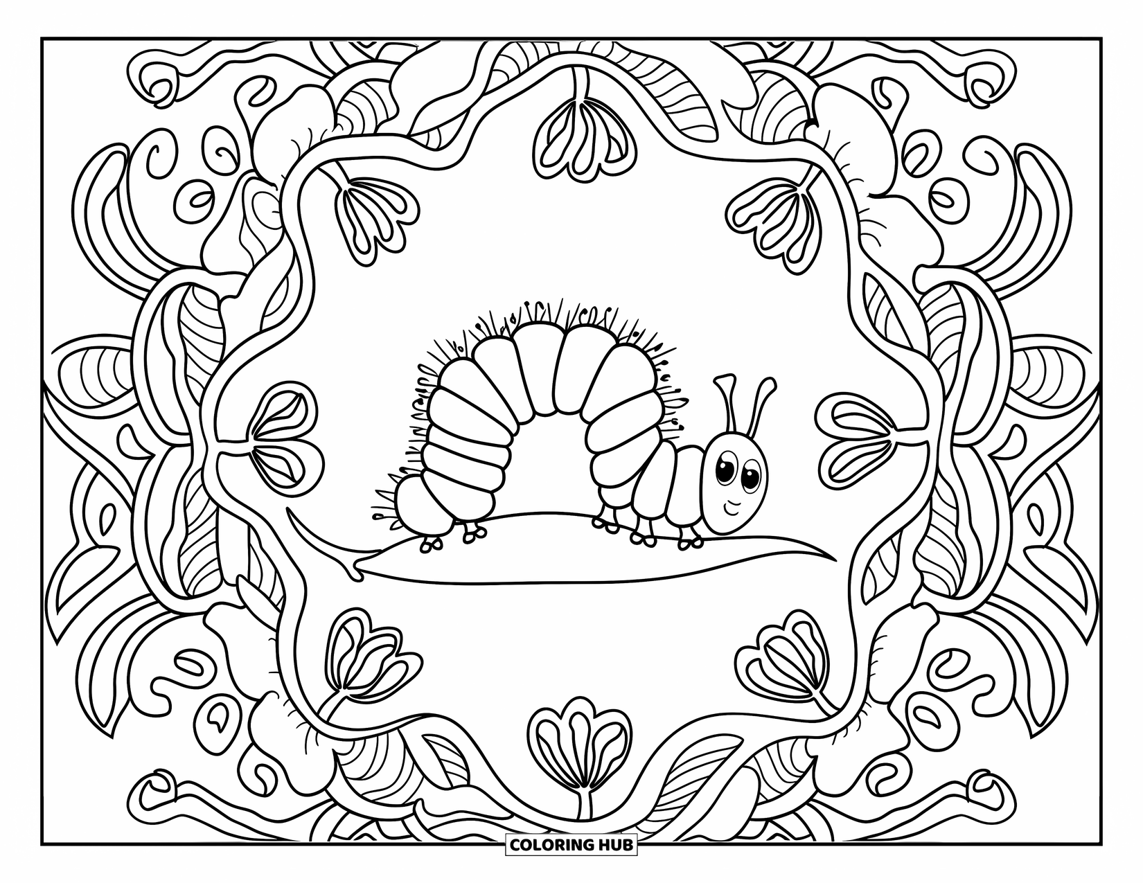 Desenho de lagarta para colorir para adultos: Uma lagarta em uma folha é emoldurada por flores e espirais de mandala detalhadas