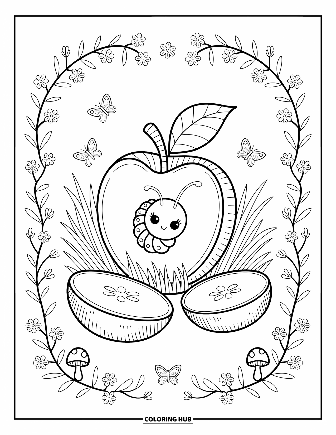 Desenho de Lagarta para Colorir para Adultos: Uma lagarta espreita de uma maçã na grama com caroços de frutas, borboletas e cogumelos ao redor