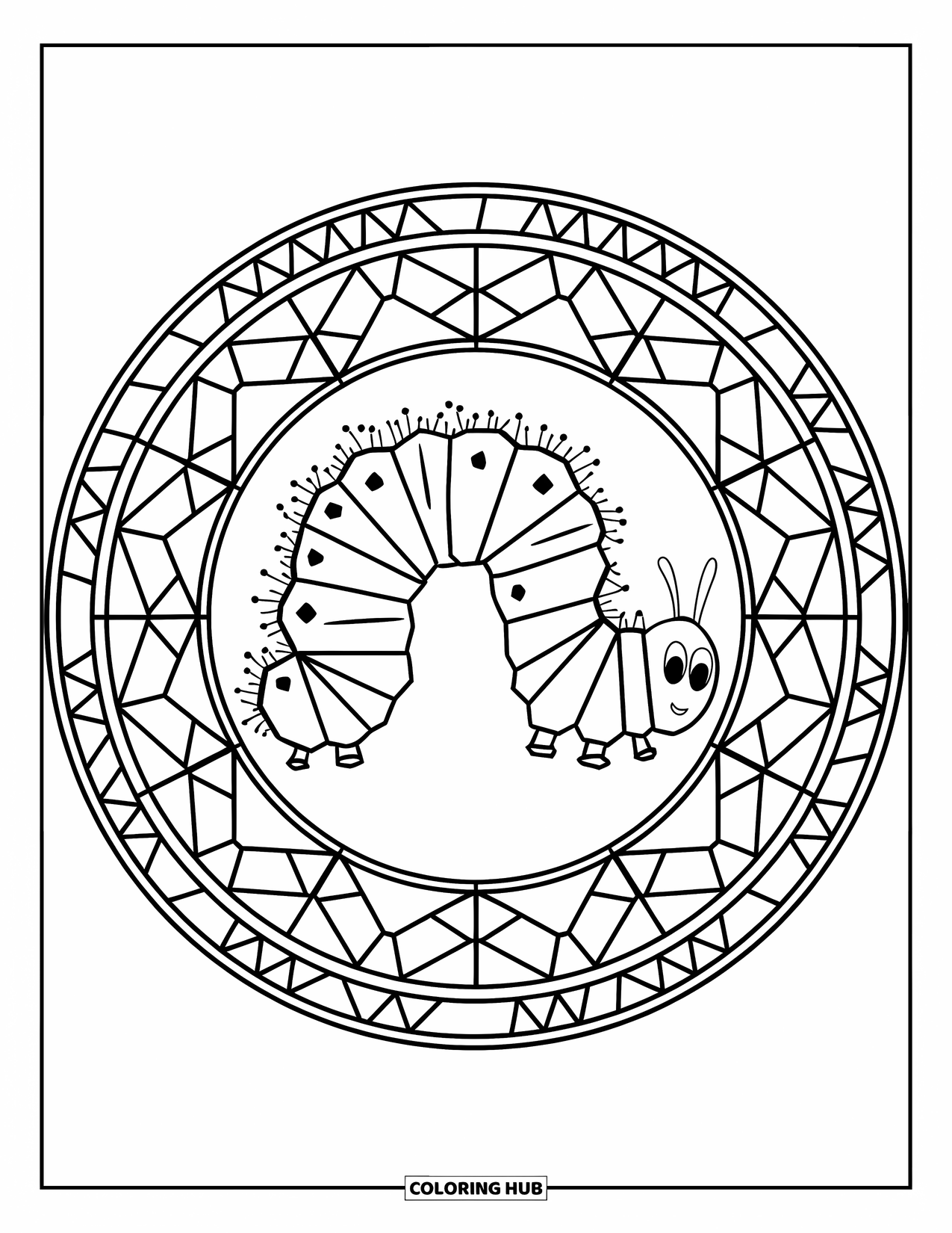 Desenho de lagarta para colorir para adultos: Uma lagarta descansa no centro de um círculo floral de vitral com uma borda